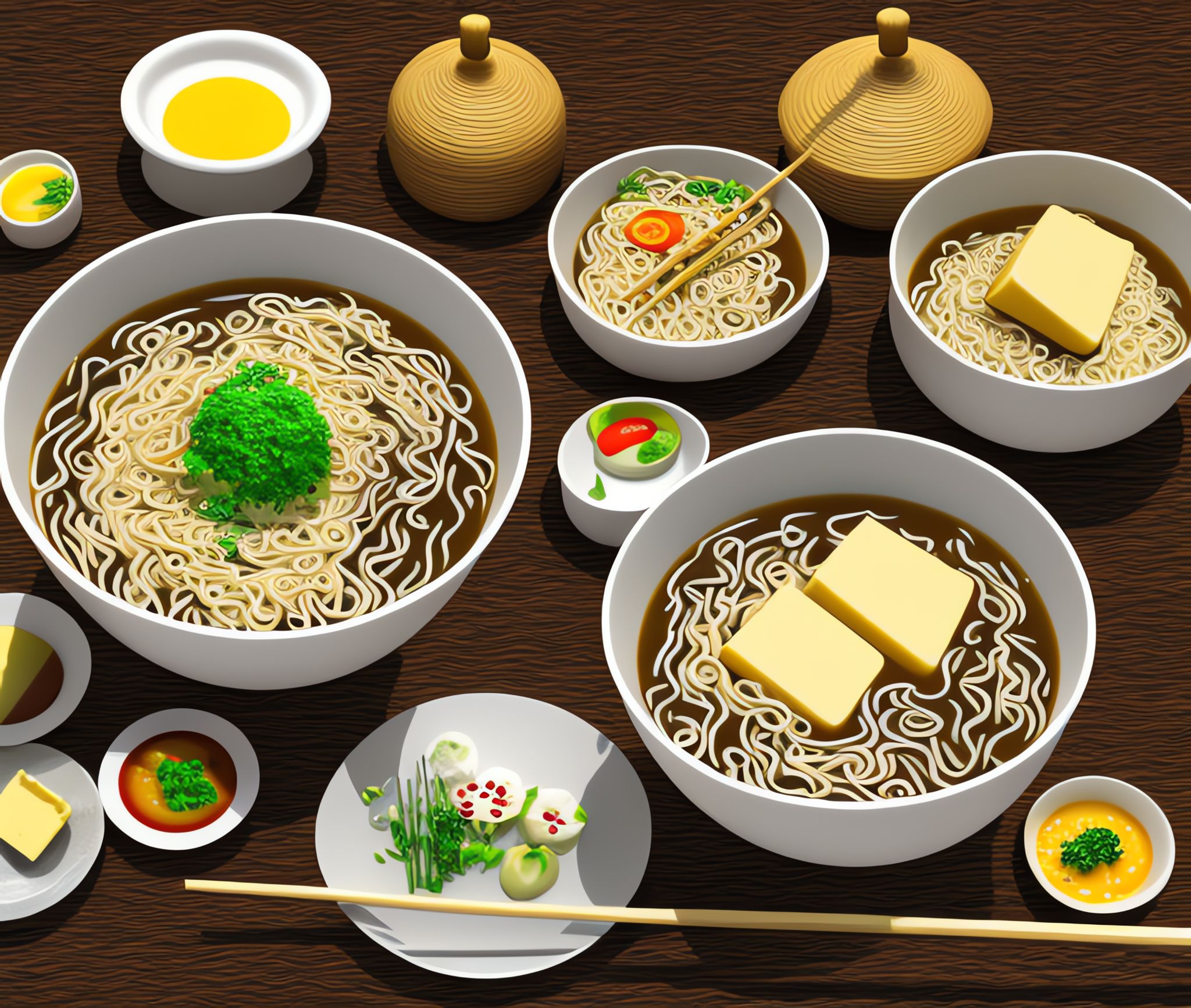 CGI artwork of multiple bowls of ramen, various condiments, and chopsticks on a wooden table.