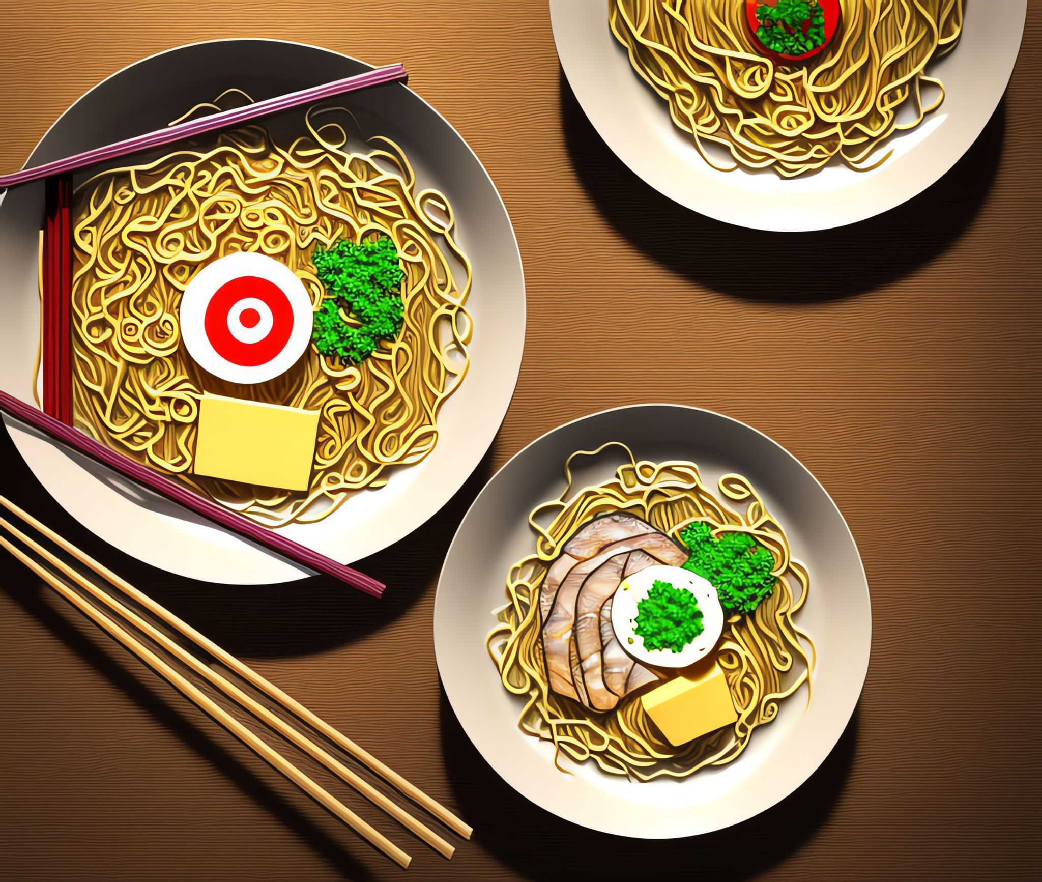 Three bowls of ramen with chopsticks on a wooden table.