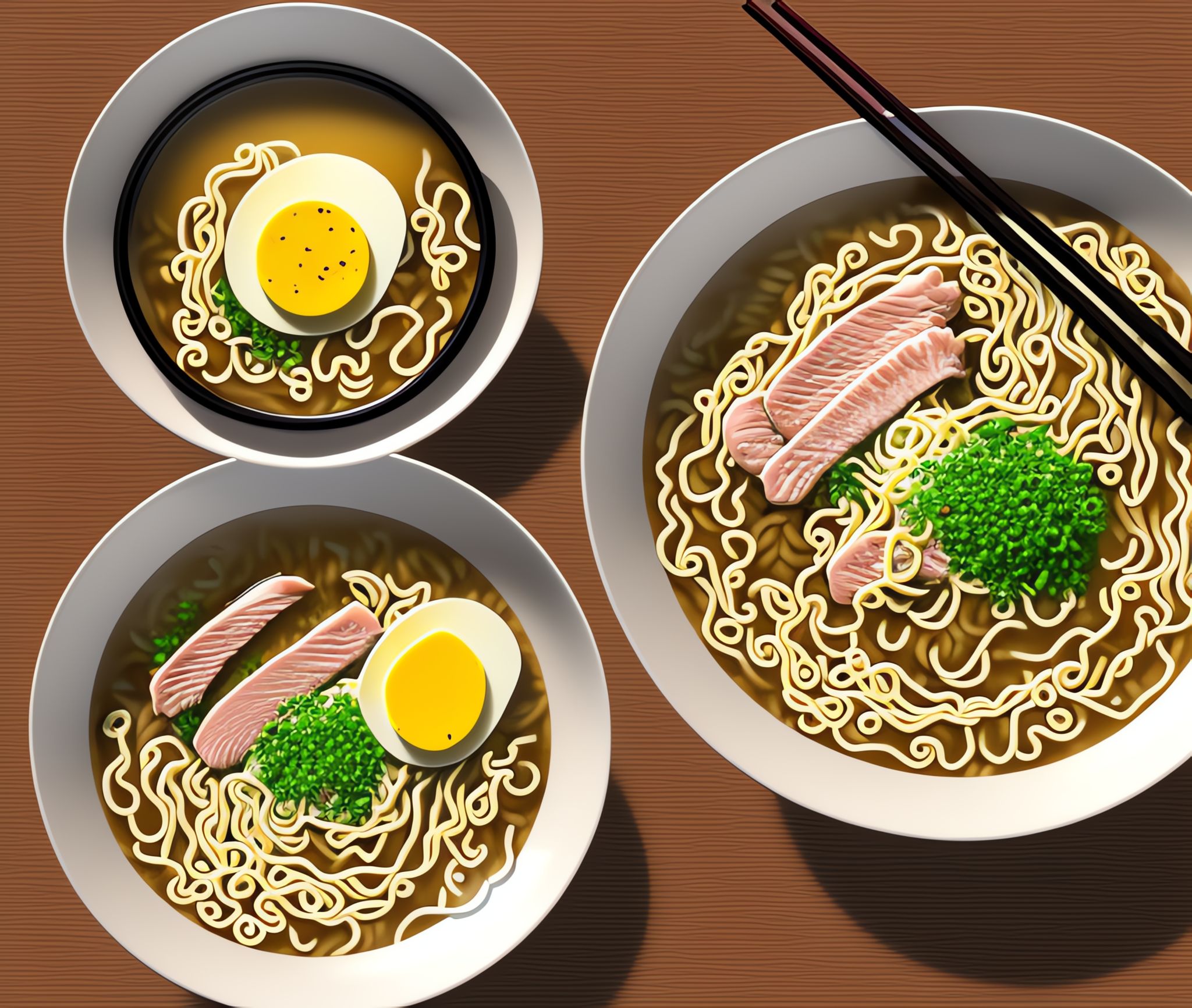 Three bowls of ramen with varying ingredients.
