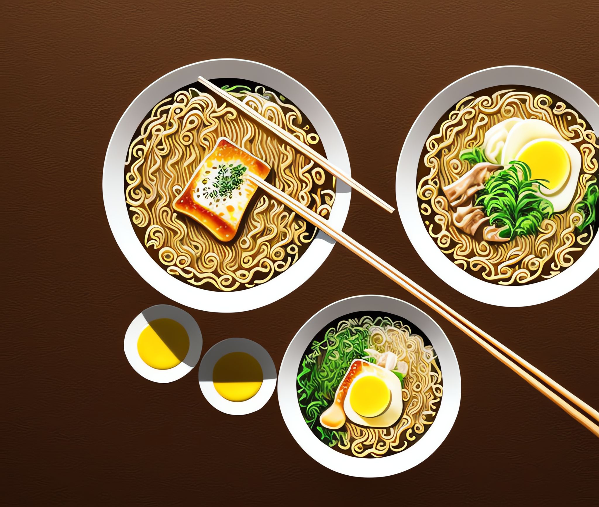 Three bowls of ramen with chopsticks and eggs.