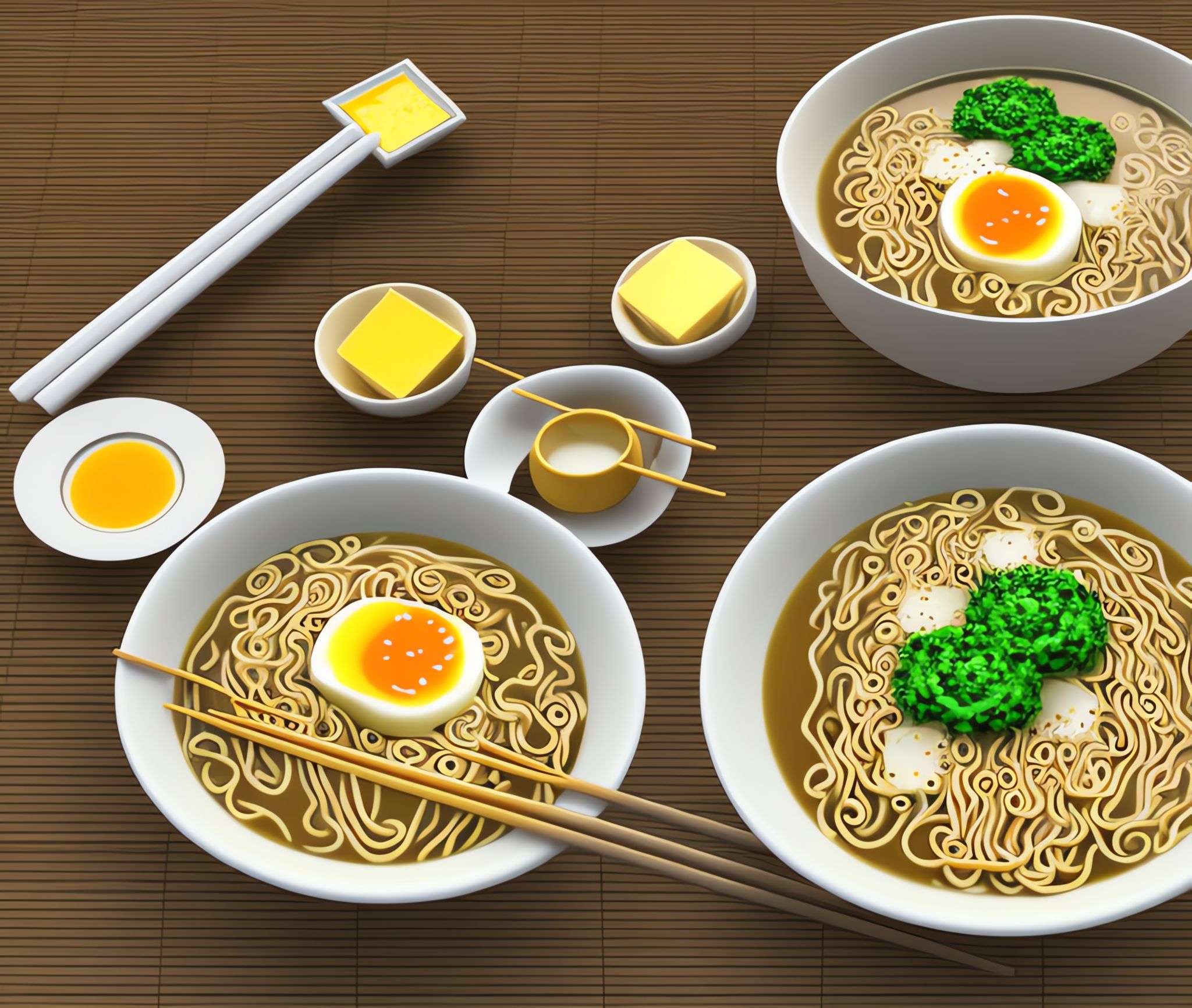 Two bowls of ramen with soft boiled eggs and broccoli, butter pats, and chopsticks on a brown surface.