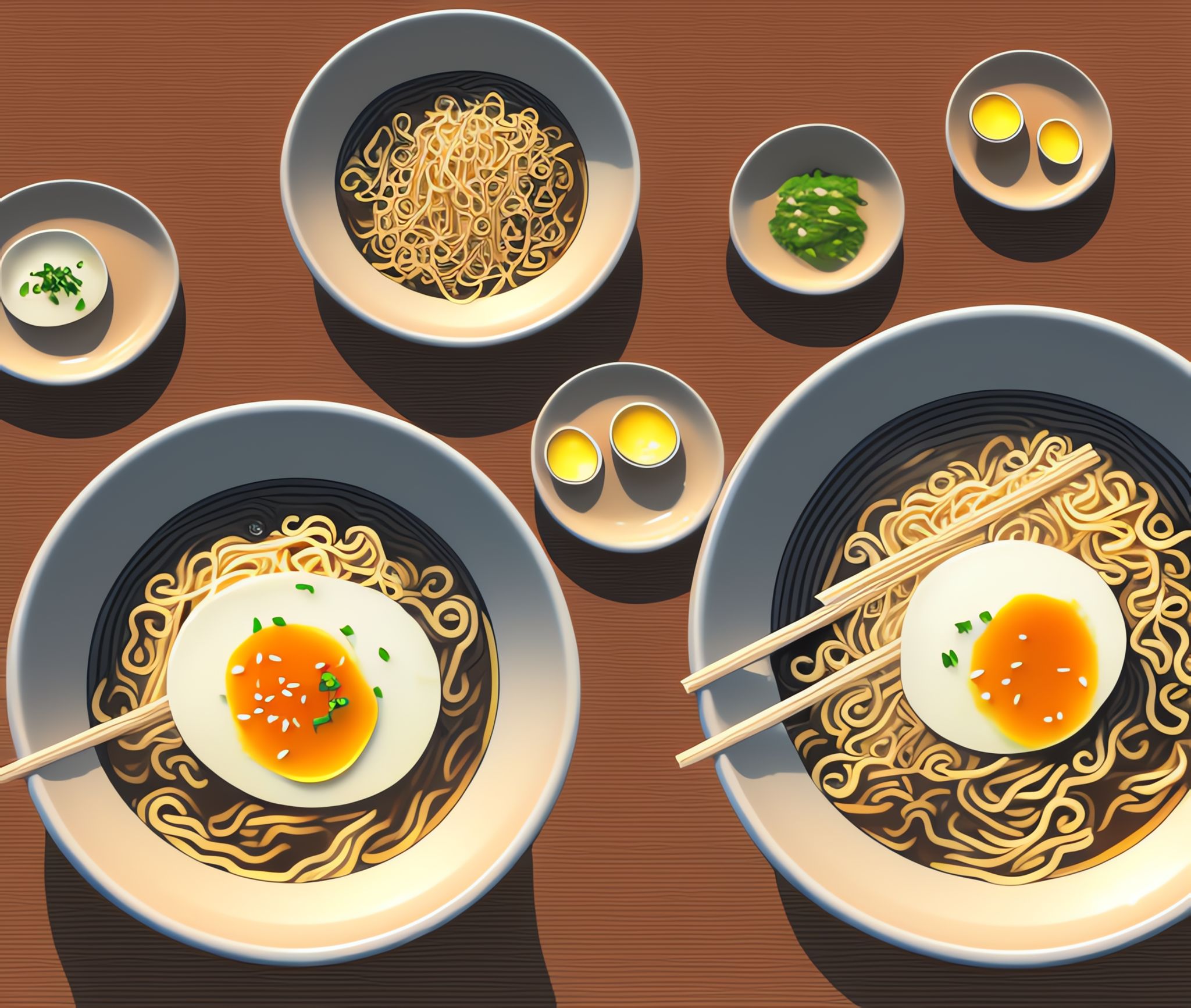 Overhead view of two bowls of ramen with soft-boiled eggs, chopsticks, and small dishes of garnishes.