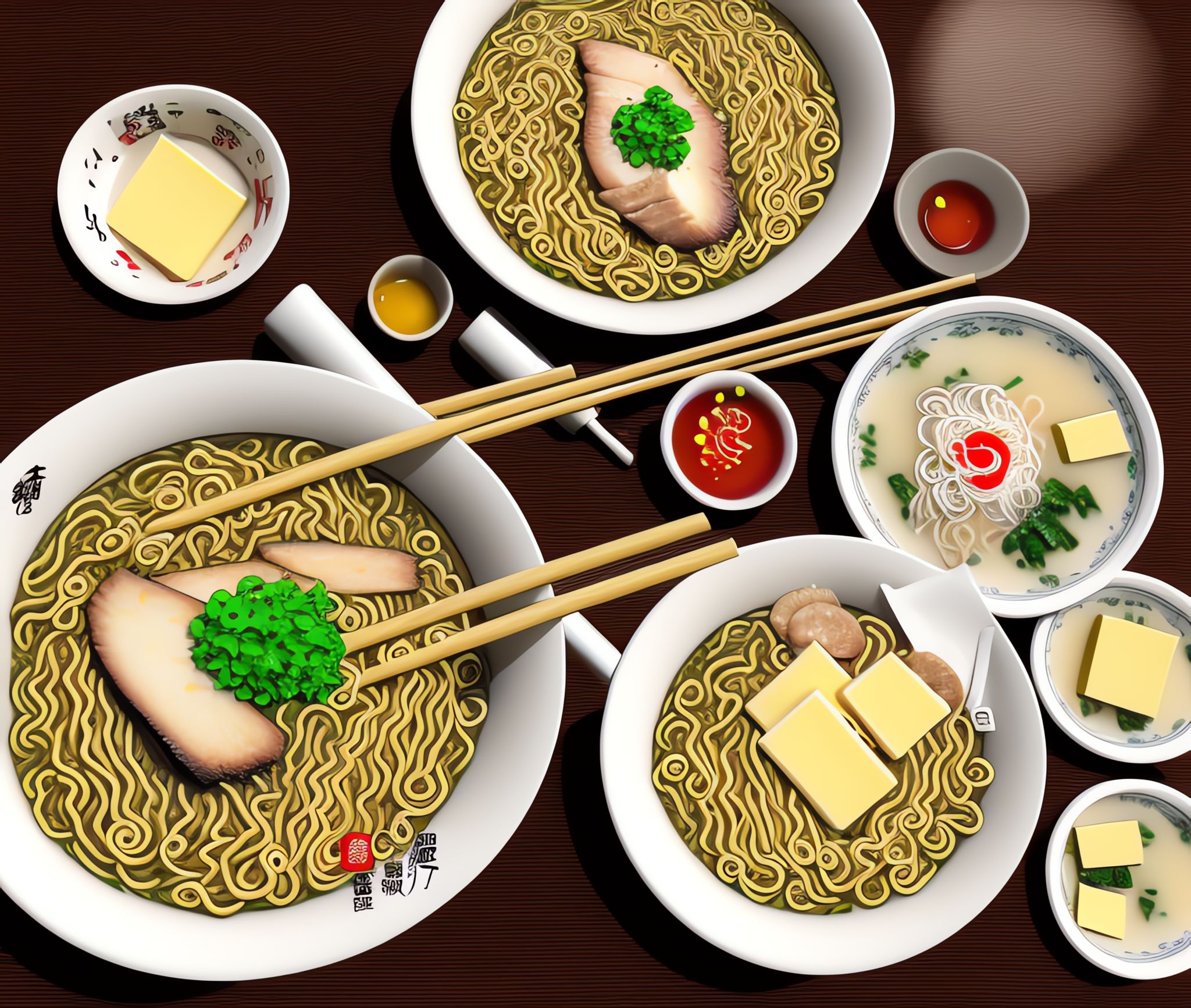 Overhead view of multiple bowls of ramen, some with butter, and various condiments.