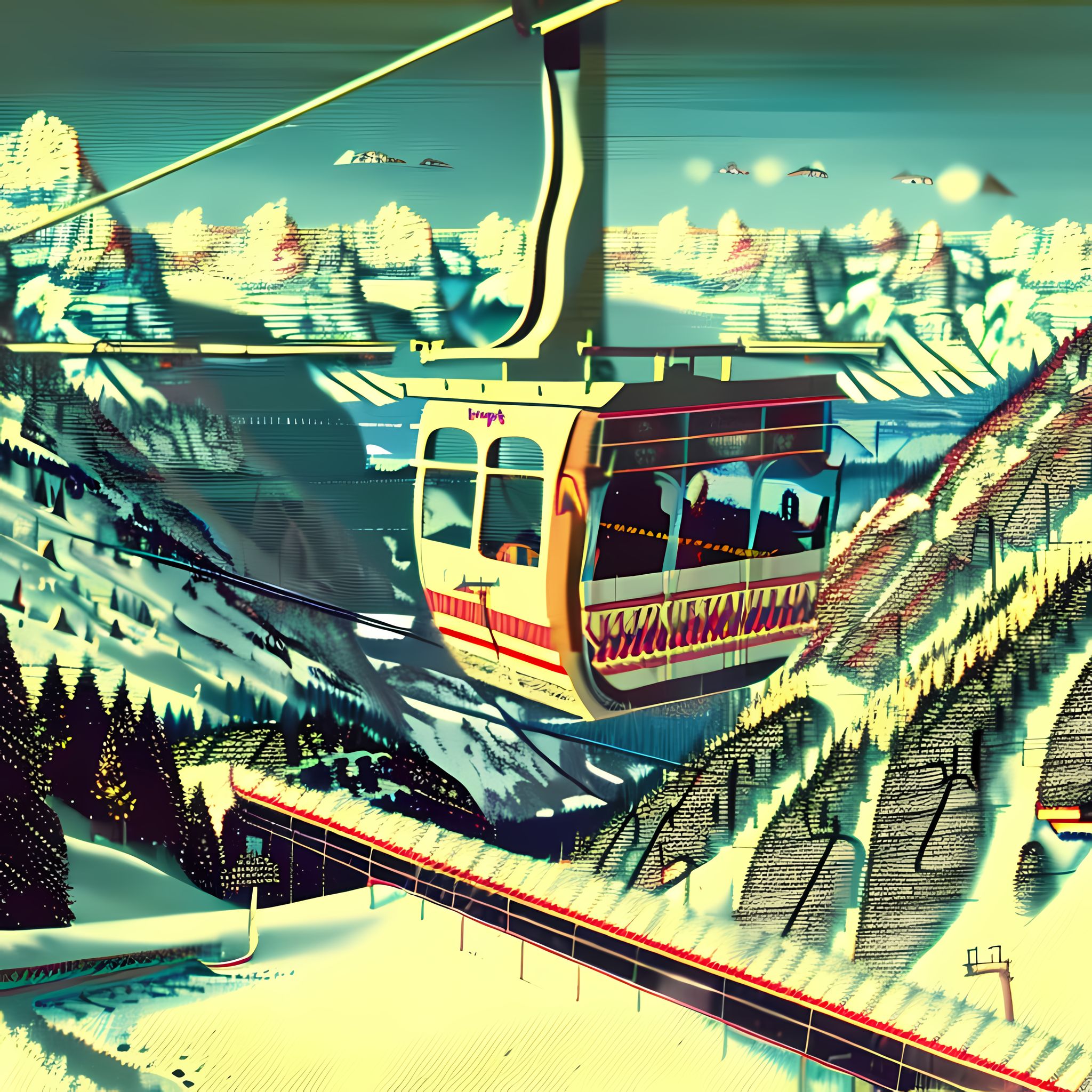 Stylized 1970s illustration of a cable car in a snowy alpine landscape.