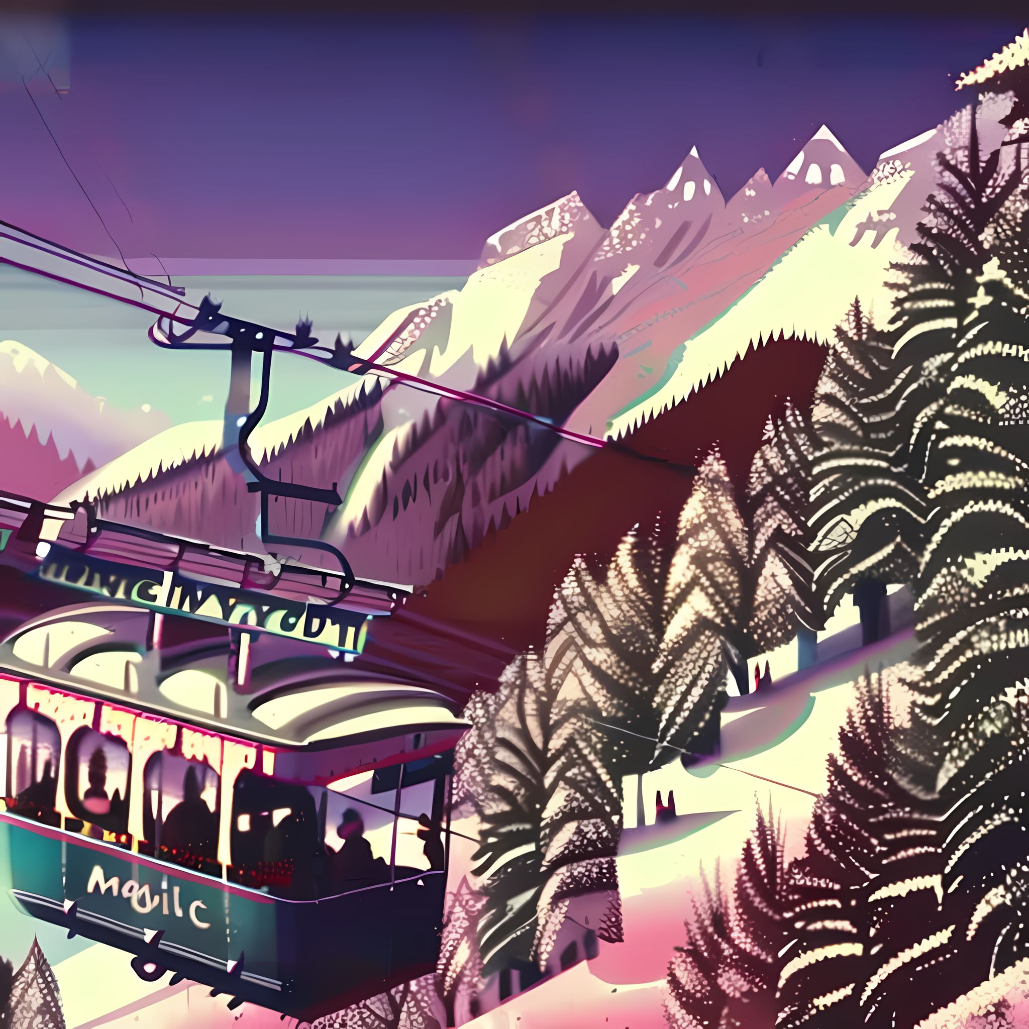 Stylized 1970s illustration of a cable car ascending a snowy mountain in the Swiss Alps.