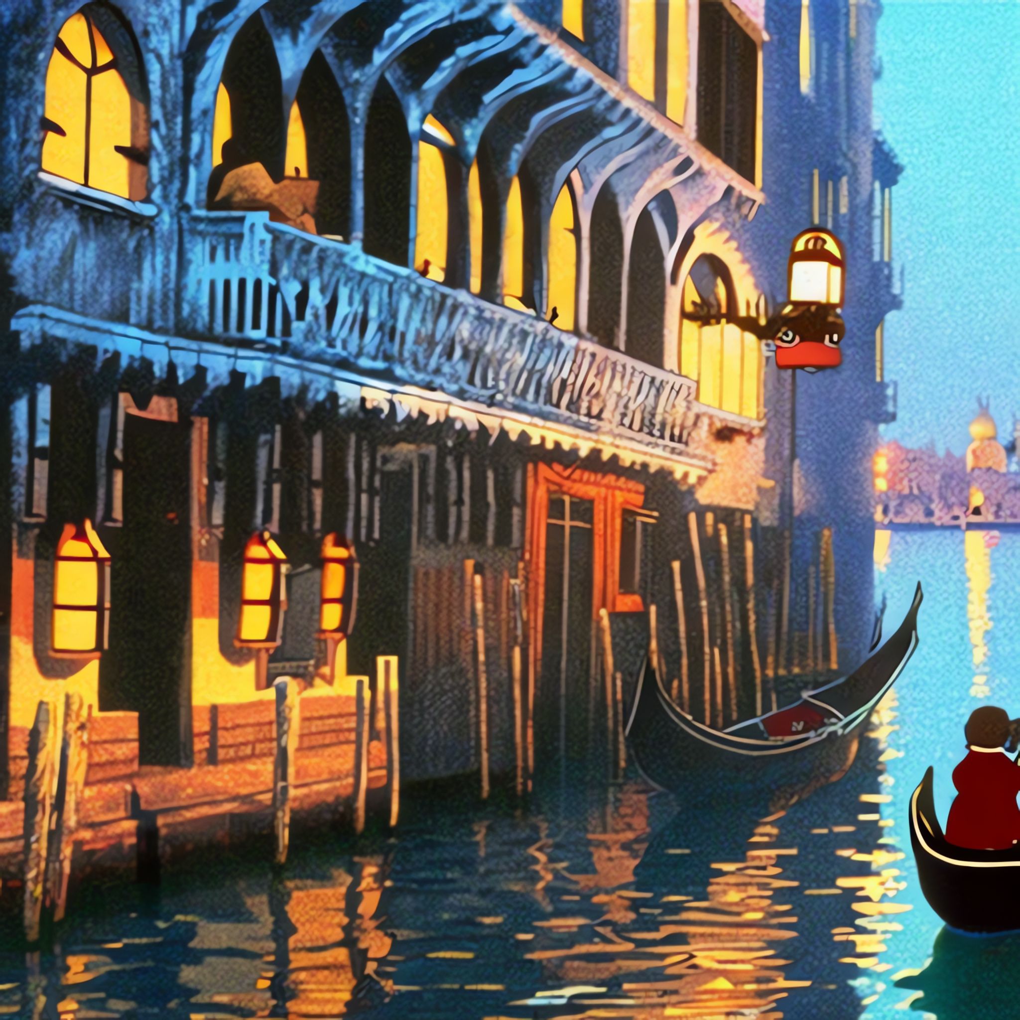 Totoro in a gondola in Venice at night.