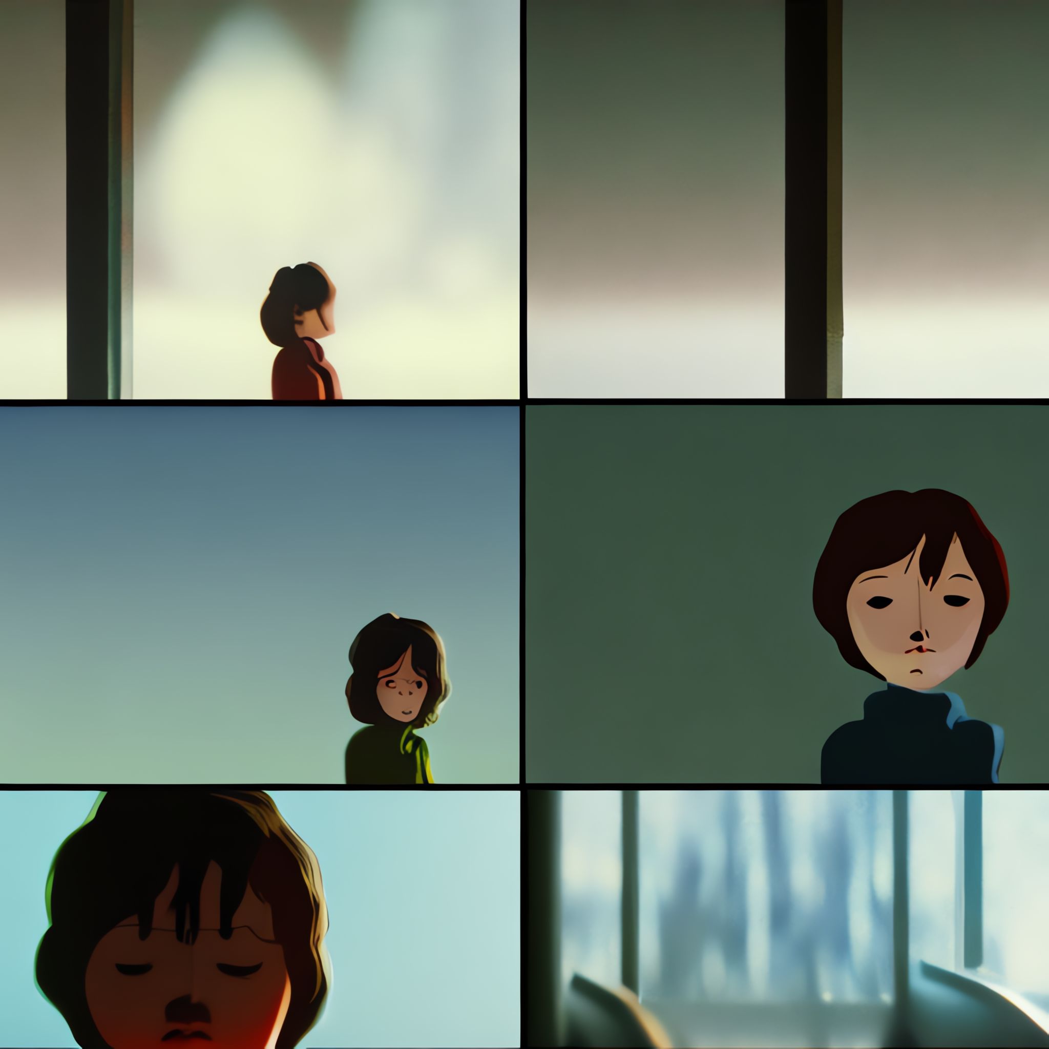 Stylized animation stills of a young woman in various settings.