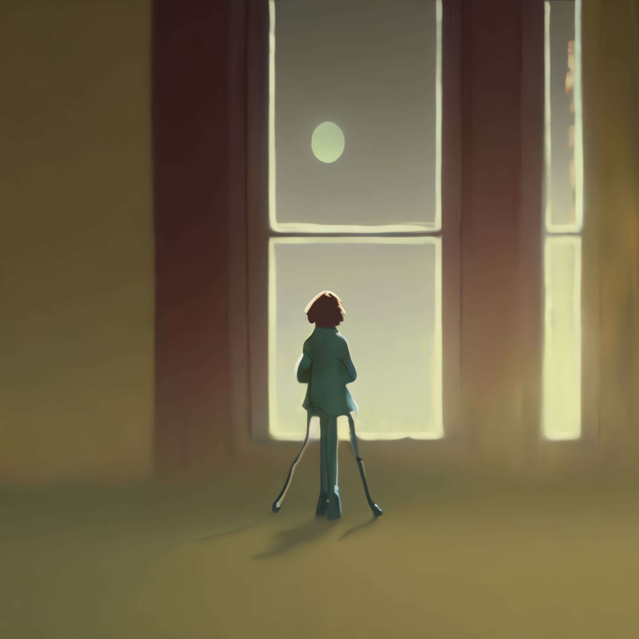 A person in a teal coat stands facing a large window, looking out at a pale moon.