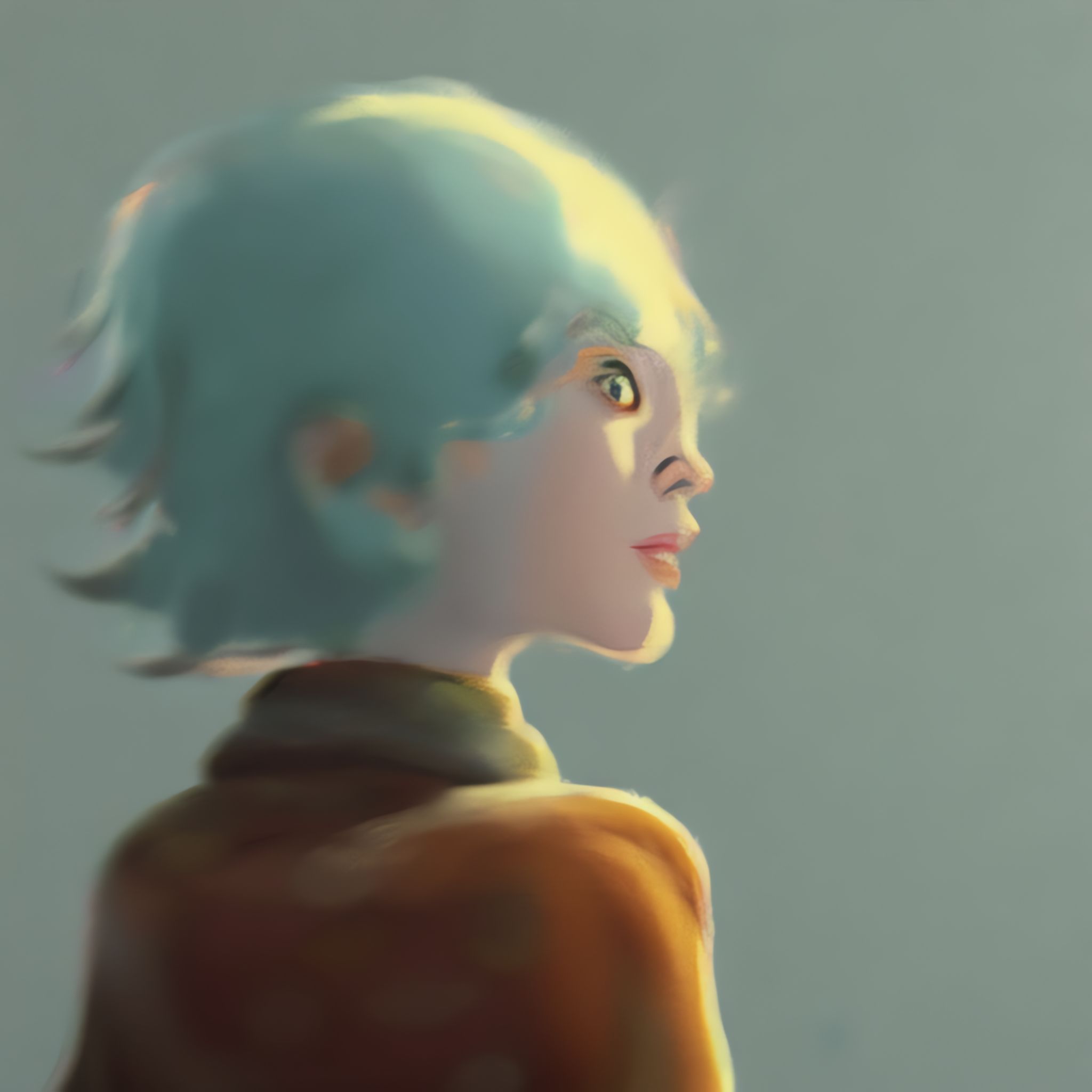 Painting of a person with short, light blue hair, wearing a brown jacket, looking to the right.