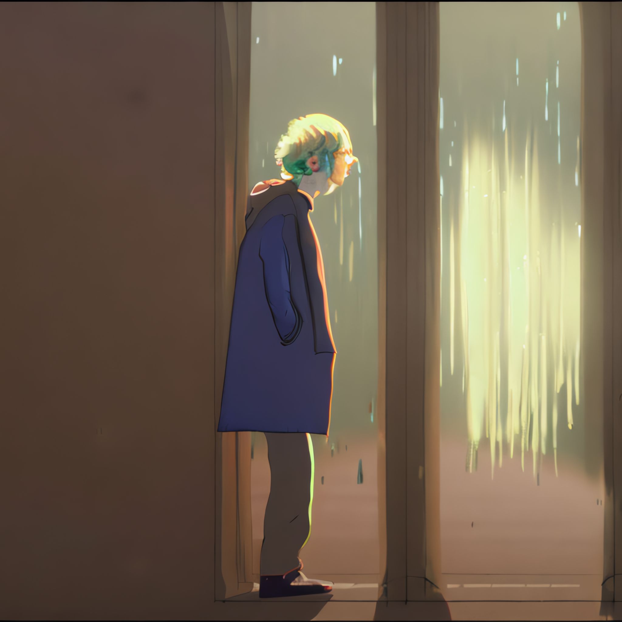 Stylized illustration of a person standing in a doorway, looking out at a sunlit scene.