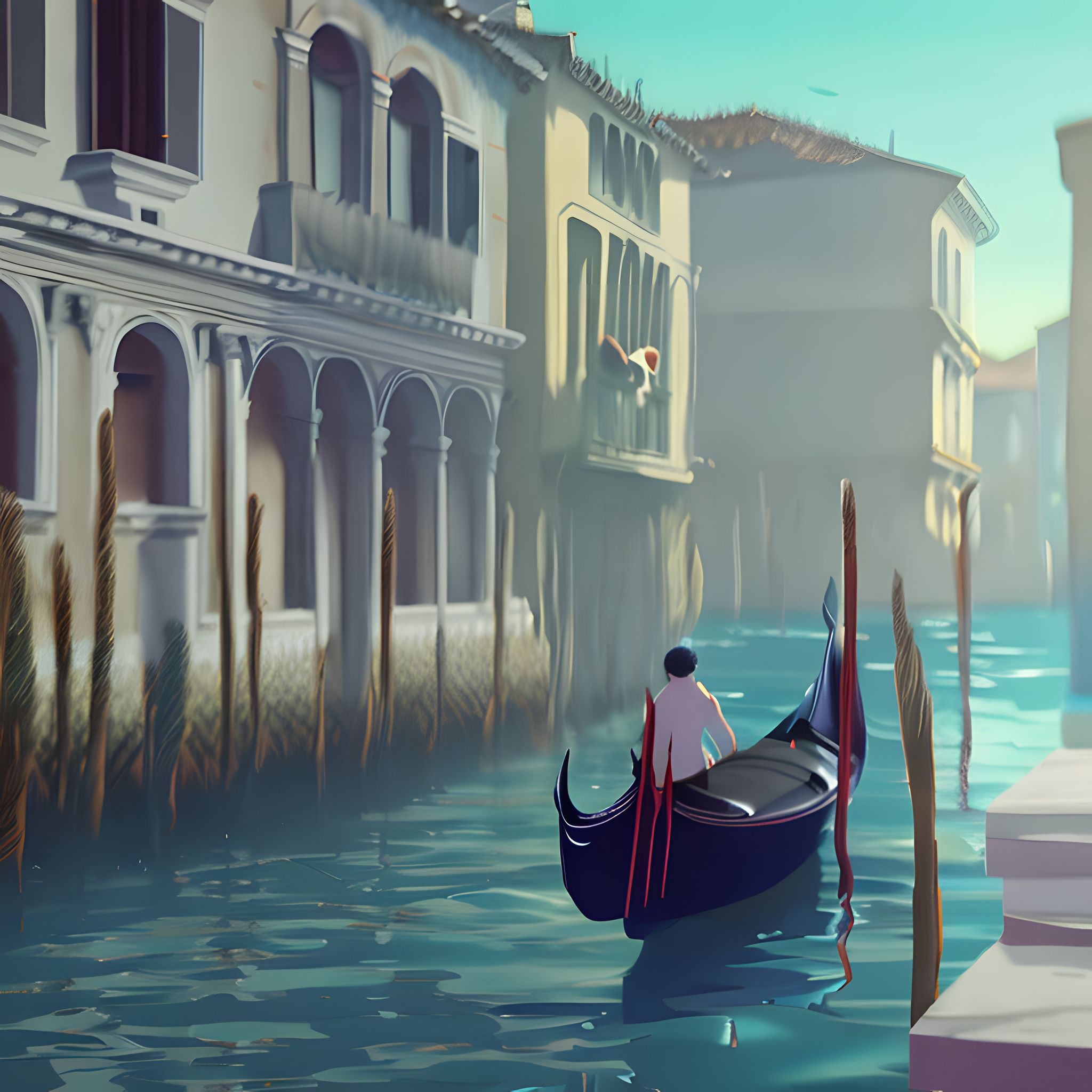 Gondola on a Venetian canal, stylized in the manner of Hayao Miyazaki.