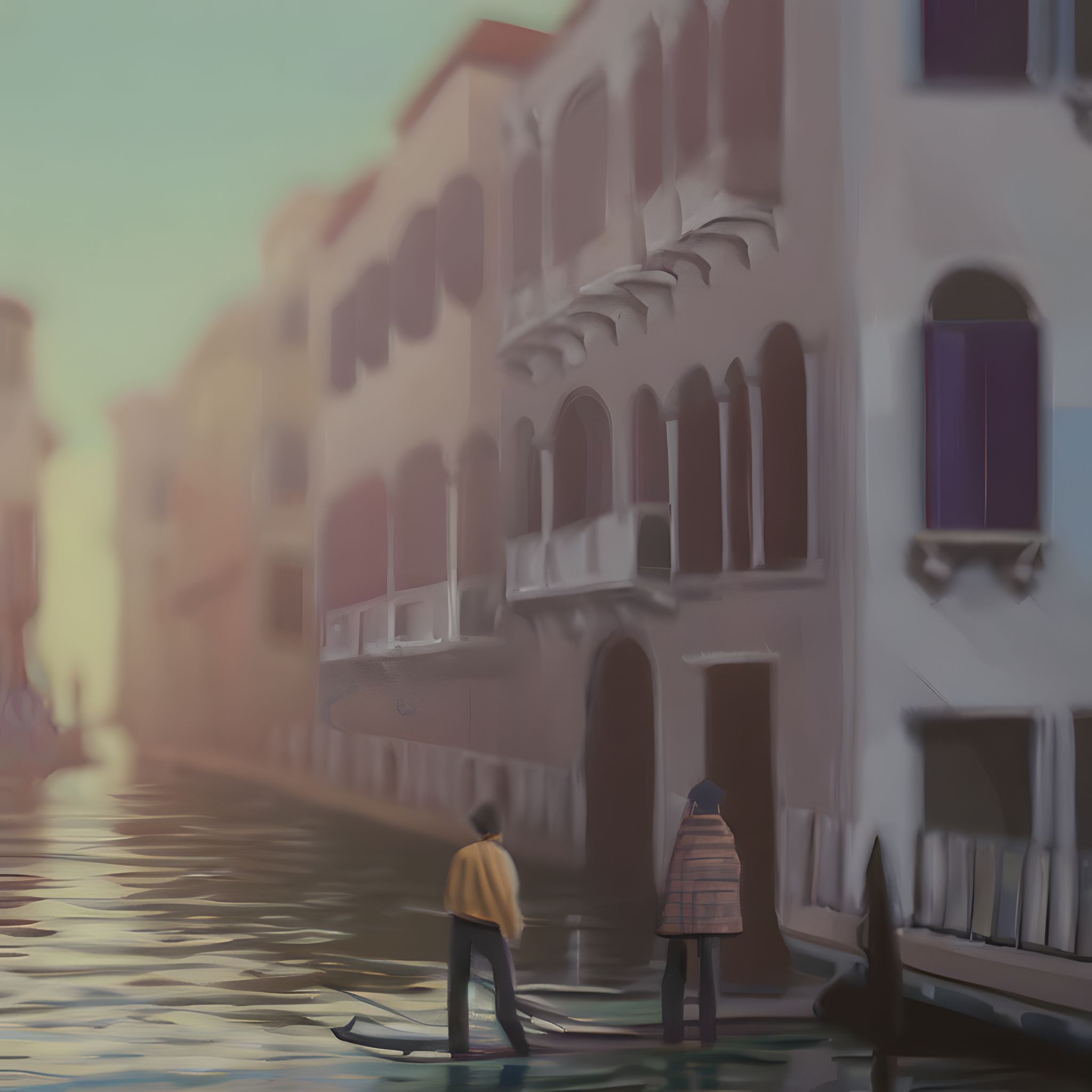 Painting of two figures on a gondola in Venice.