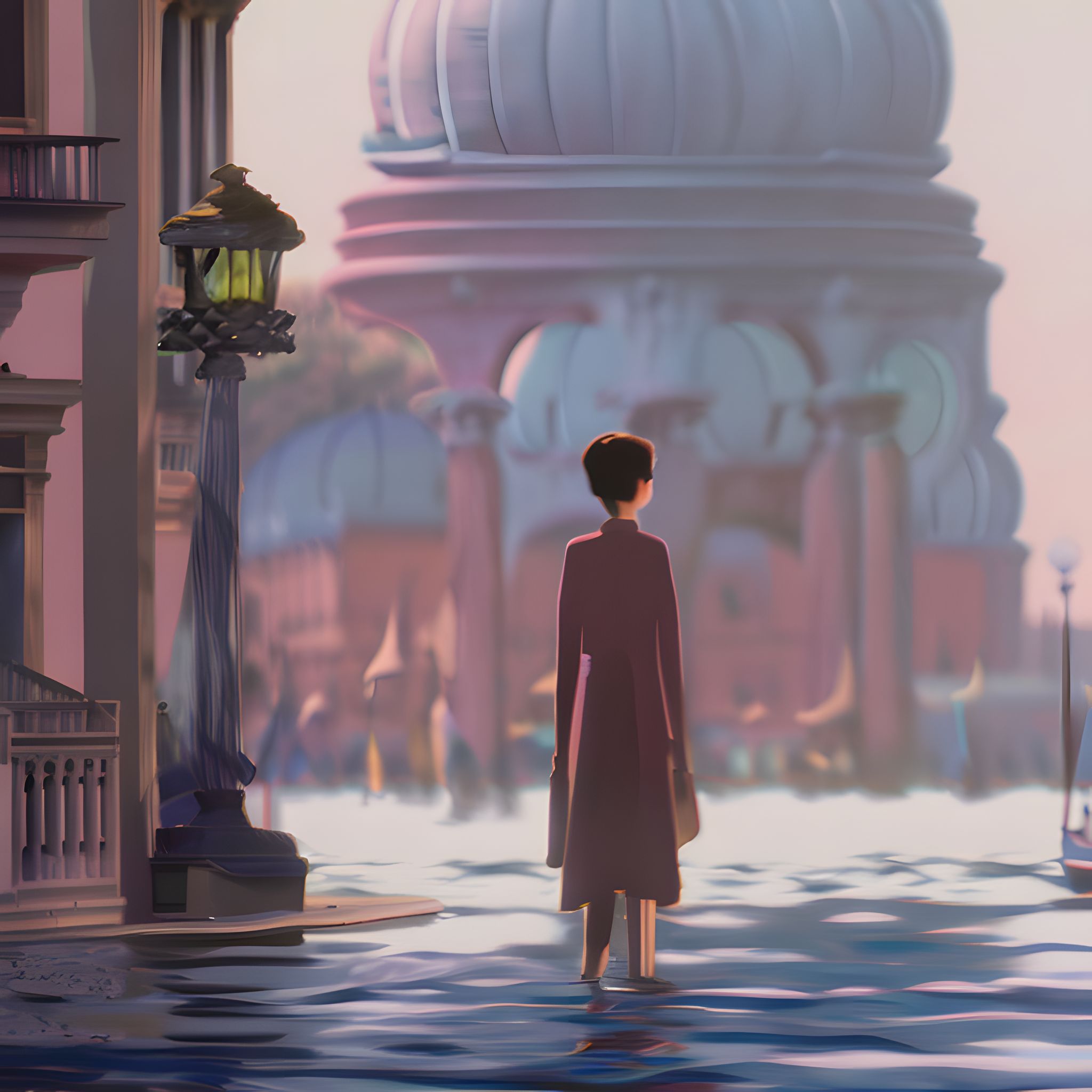 A person in a coat stands in shallow water in Venice, facing a large building.