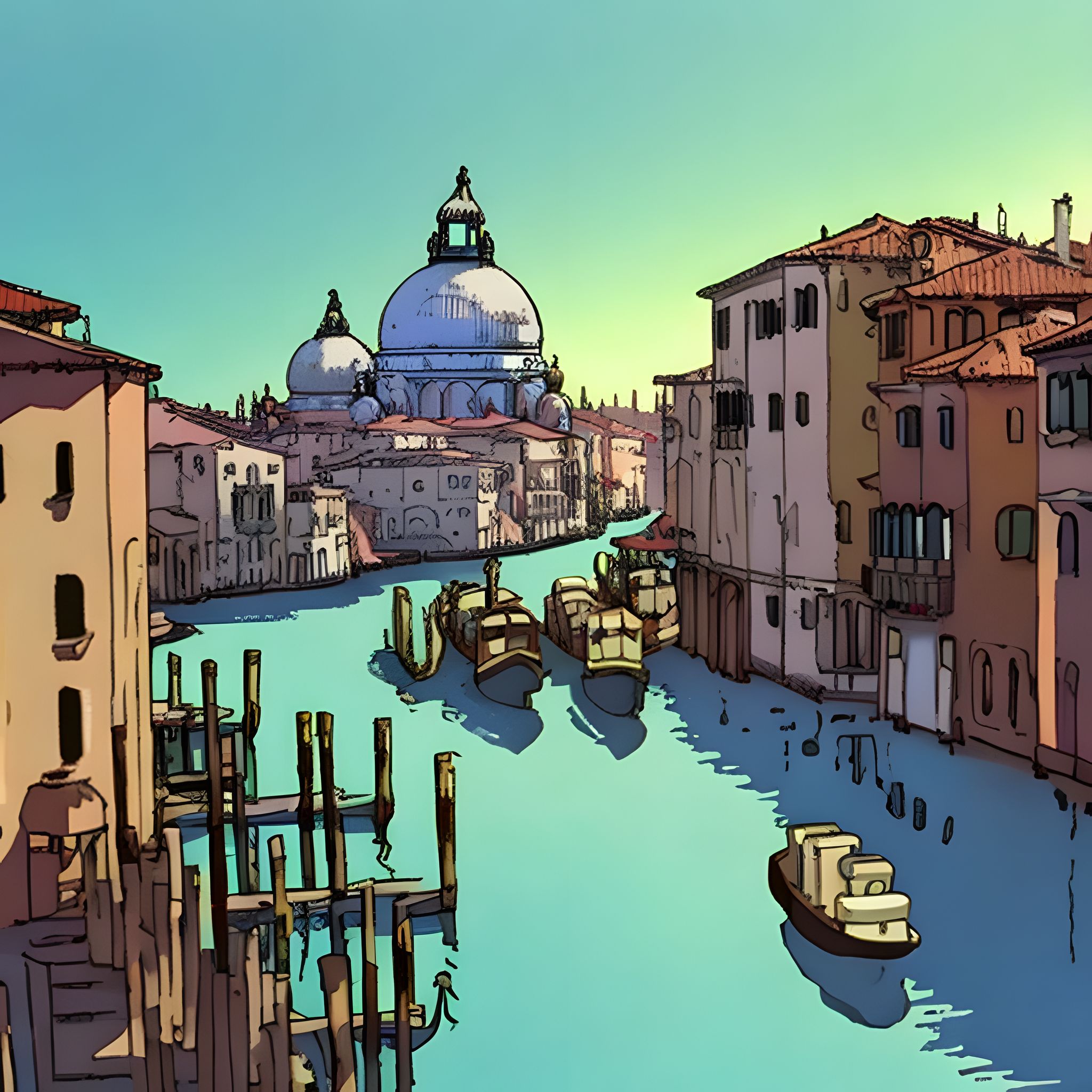 Anime-style illustration of Venice, Italy, featuring gondolas on a canal and the Basilica di Santa Maria della Salute in the background.