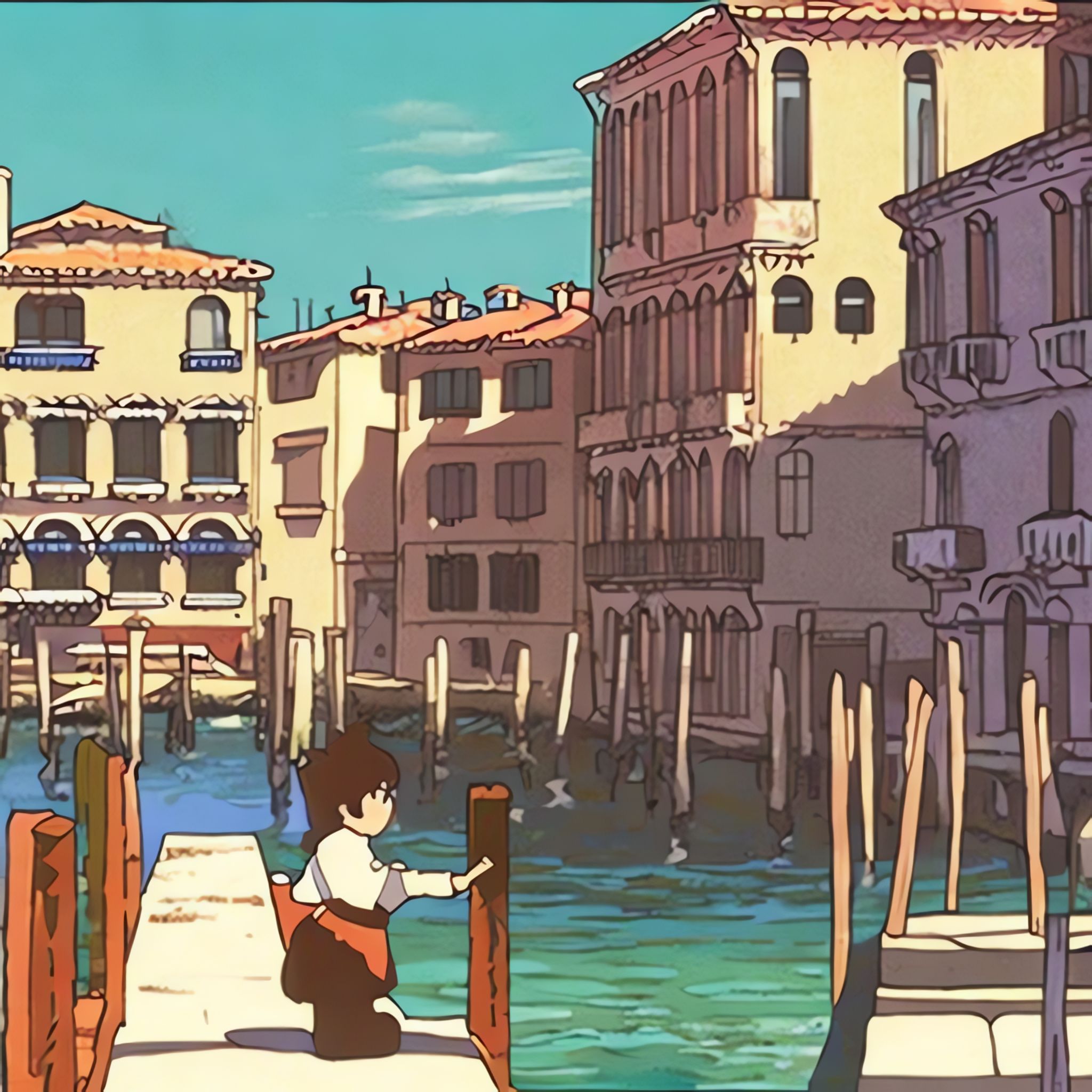 Anime-style illustration of a person on a dock in Venice.