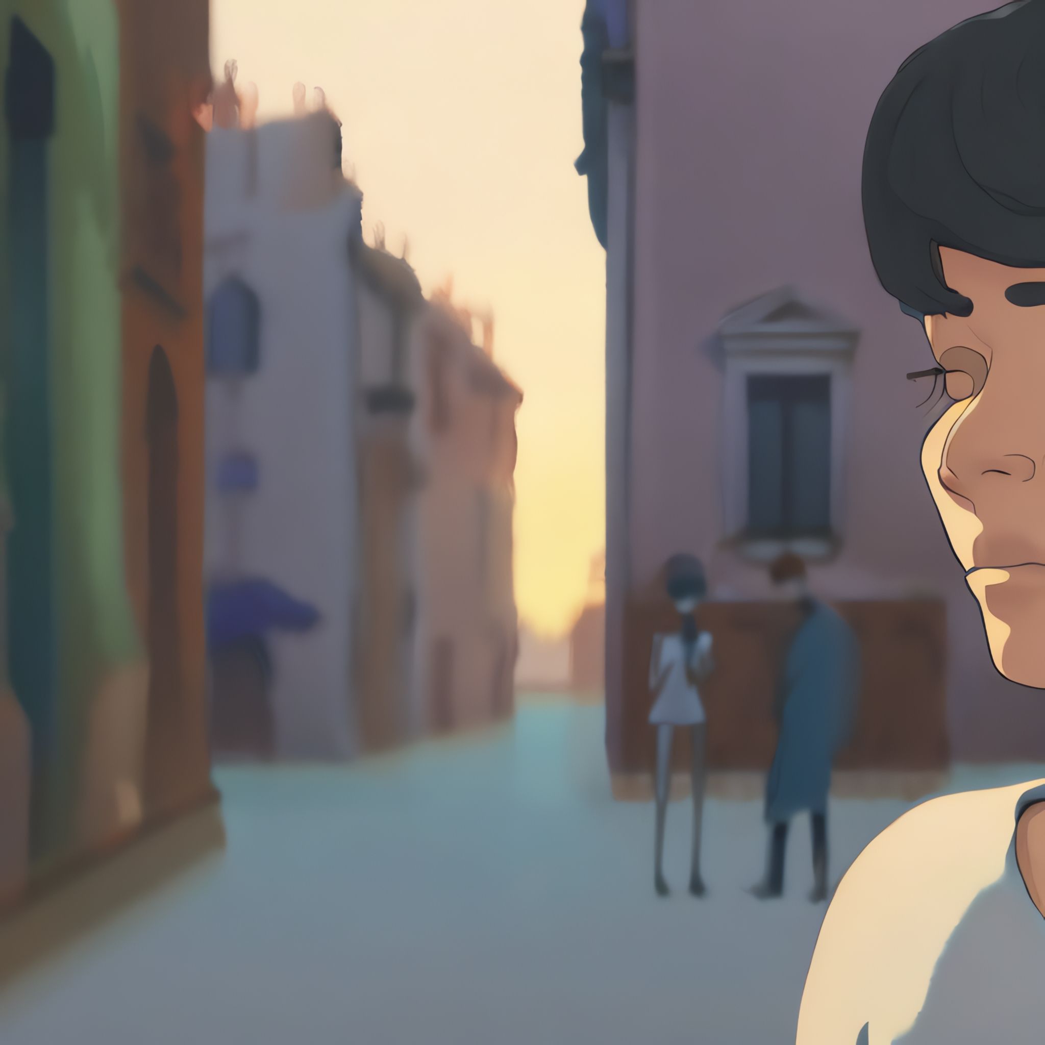 Anime-style close-up of a person's face, with a blurry Venetian cityscape in the background.