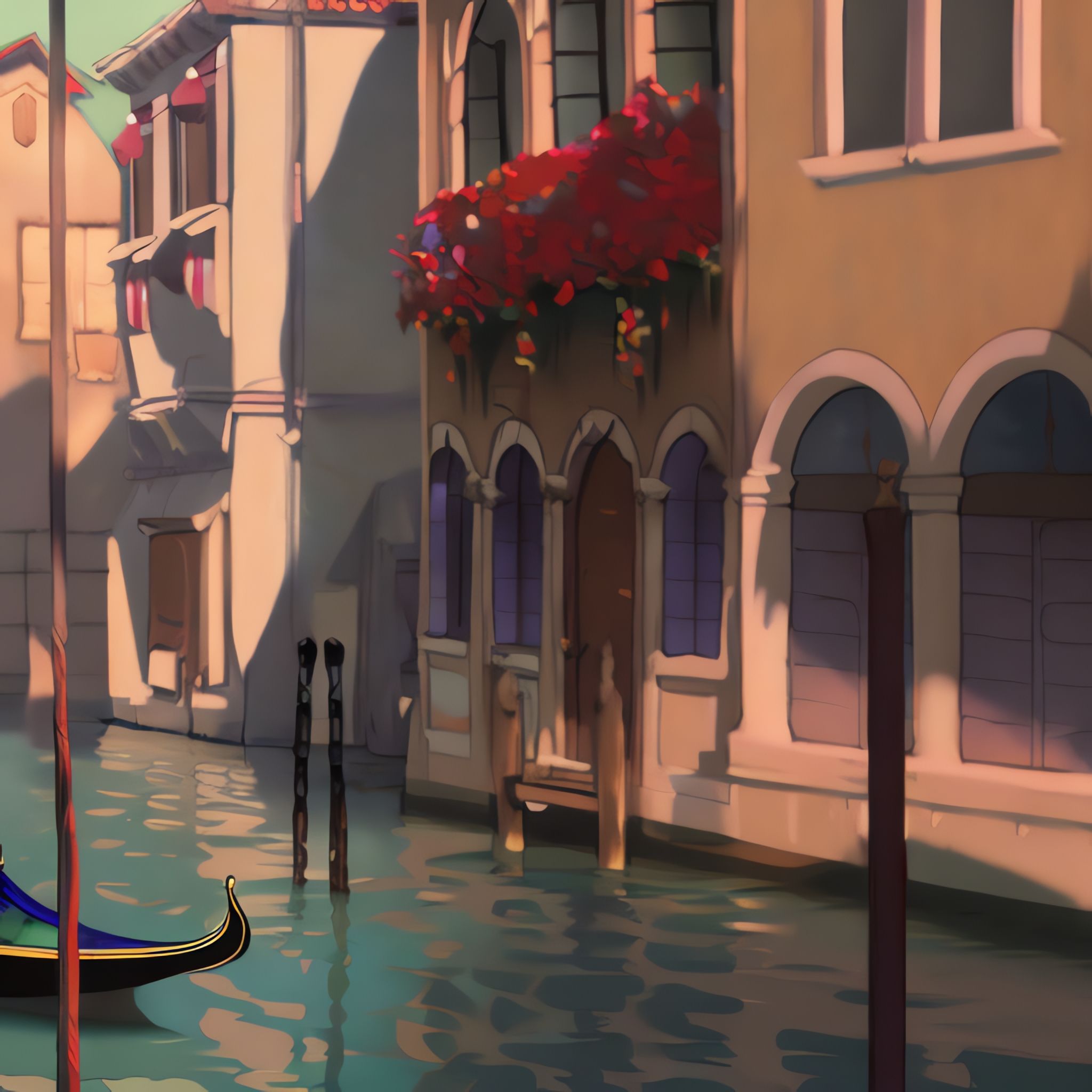 Gondola in a Venice canal, Studio Ghibli style animation.