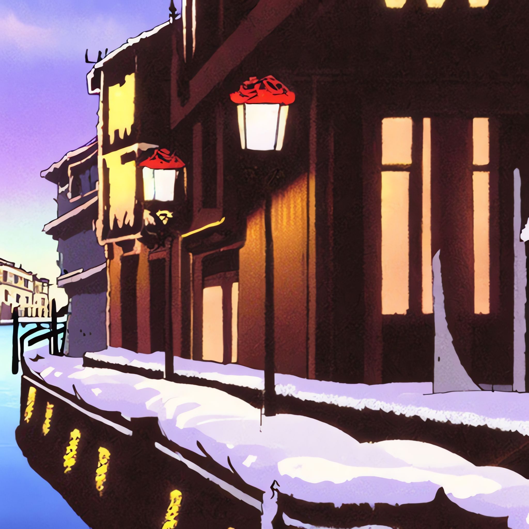 Snowy Venice canal scene at night, Studio Ghibli style animation.