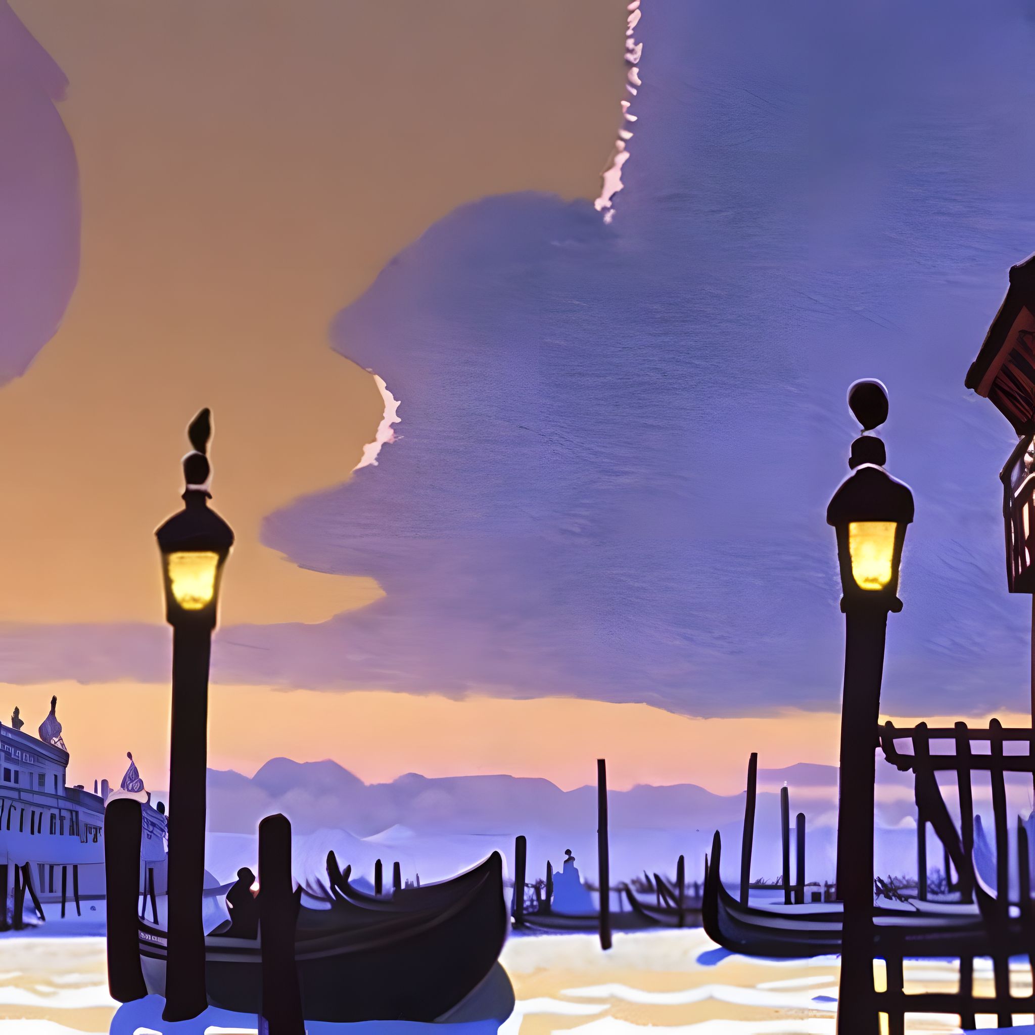 Stylized anime-style illustration of a Venetian canal at twilight, featuring gondolas and lit lampposts.