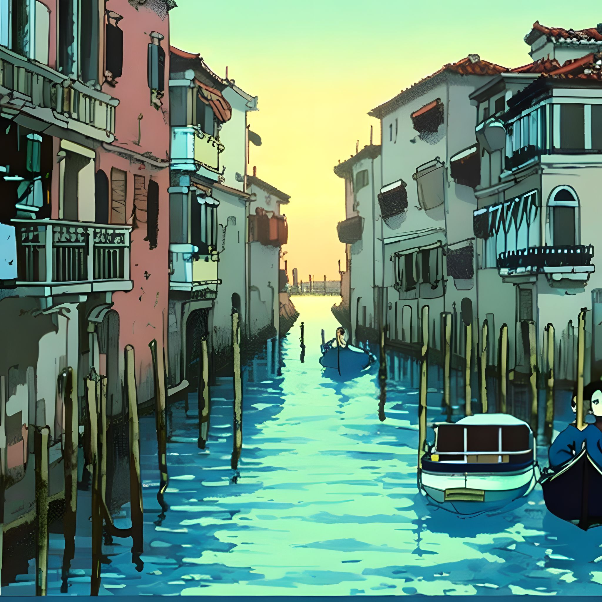 Anime-style illustration of a Venice canal at sunset, with buildings lining the waterway and boats on the water.