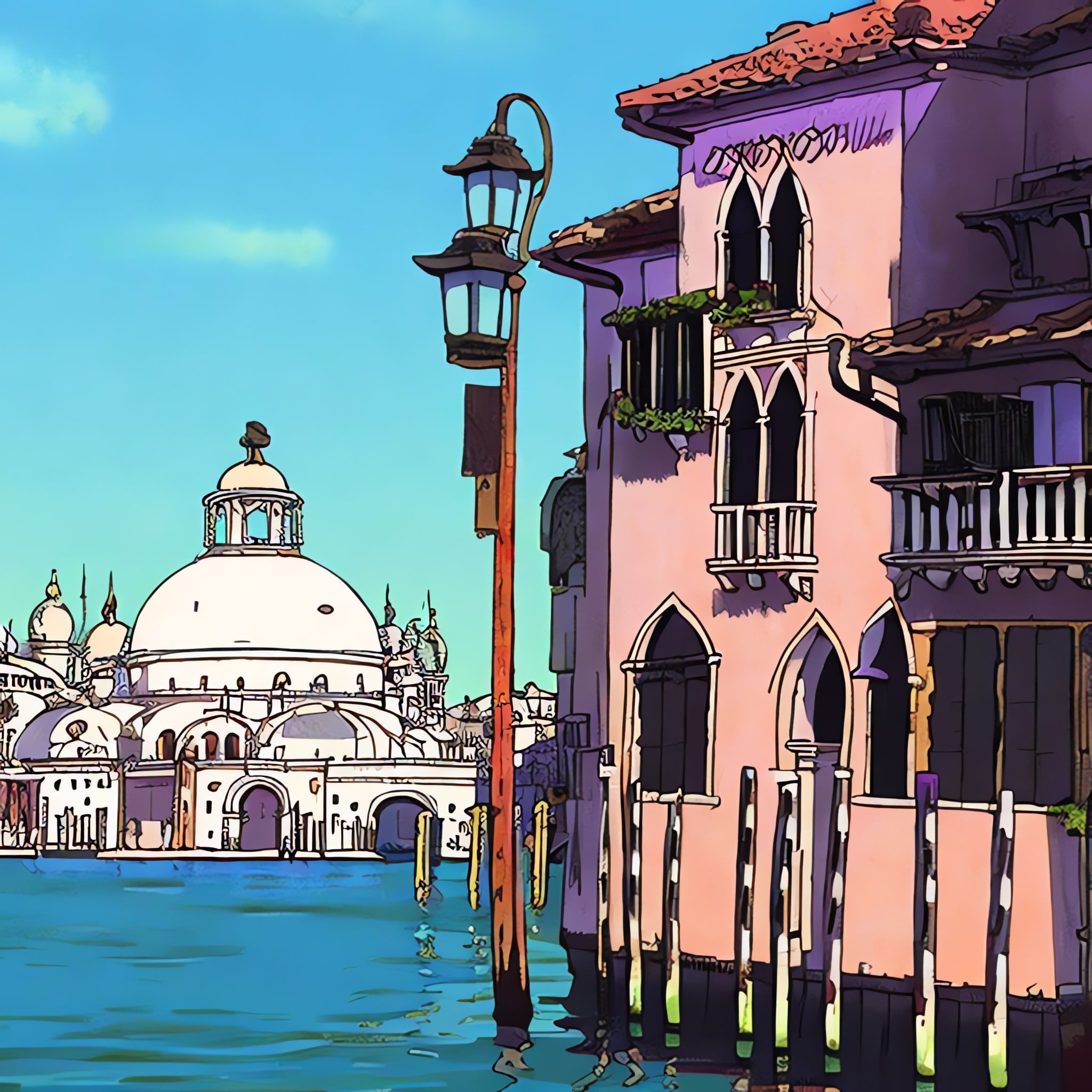 Anime-style illustration of a Venetian canal scene with a pink building and a domed structure in the background.