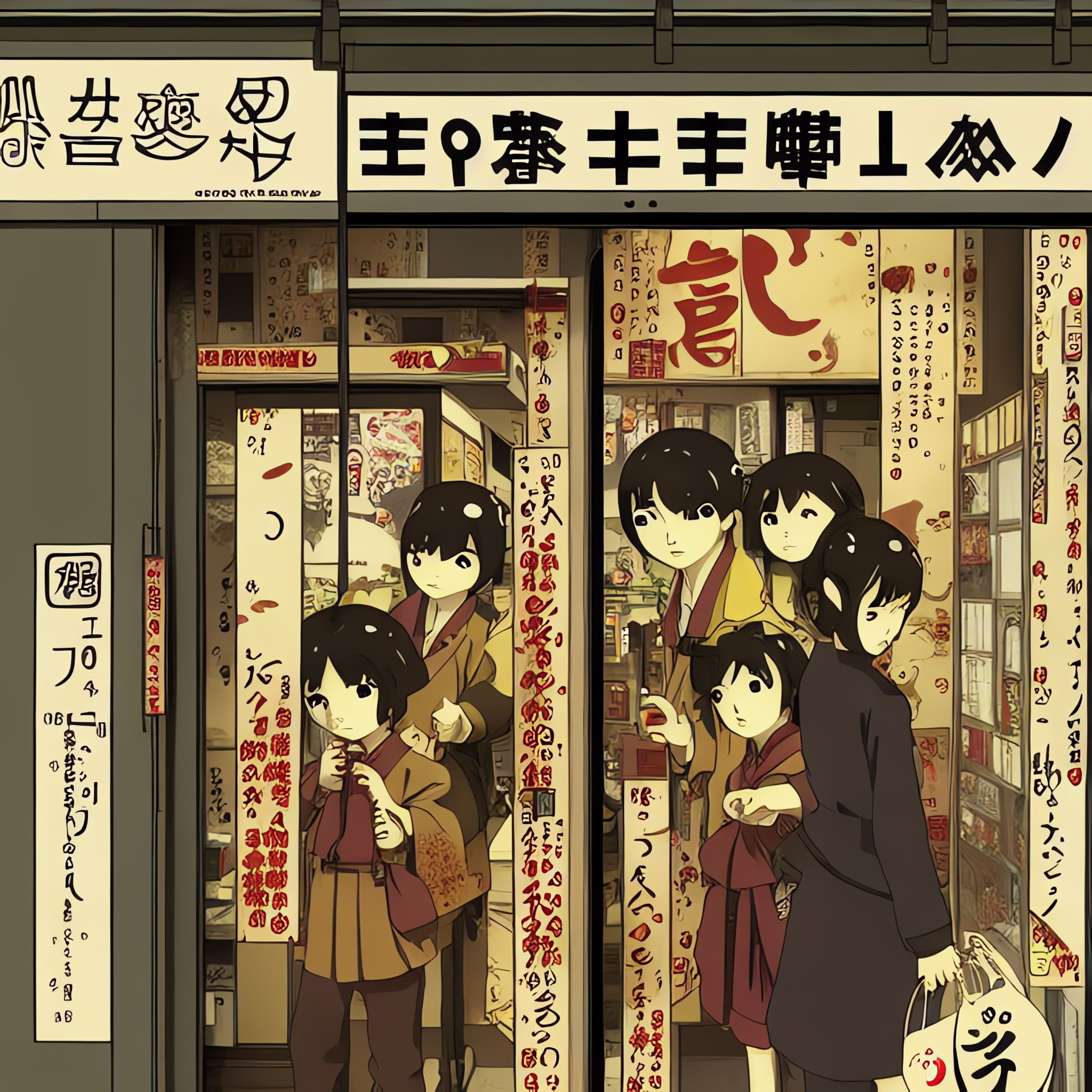 Anime-style illustration of children outside a Japanese convenience store.