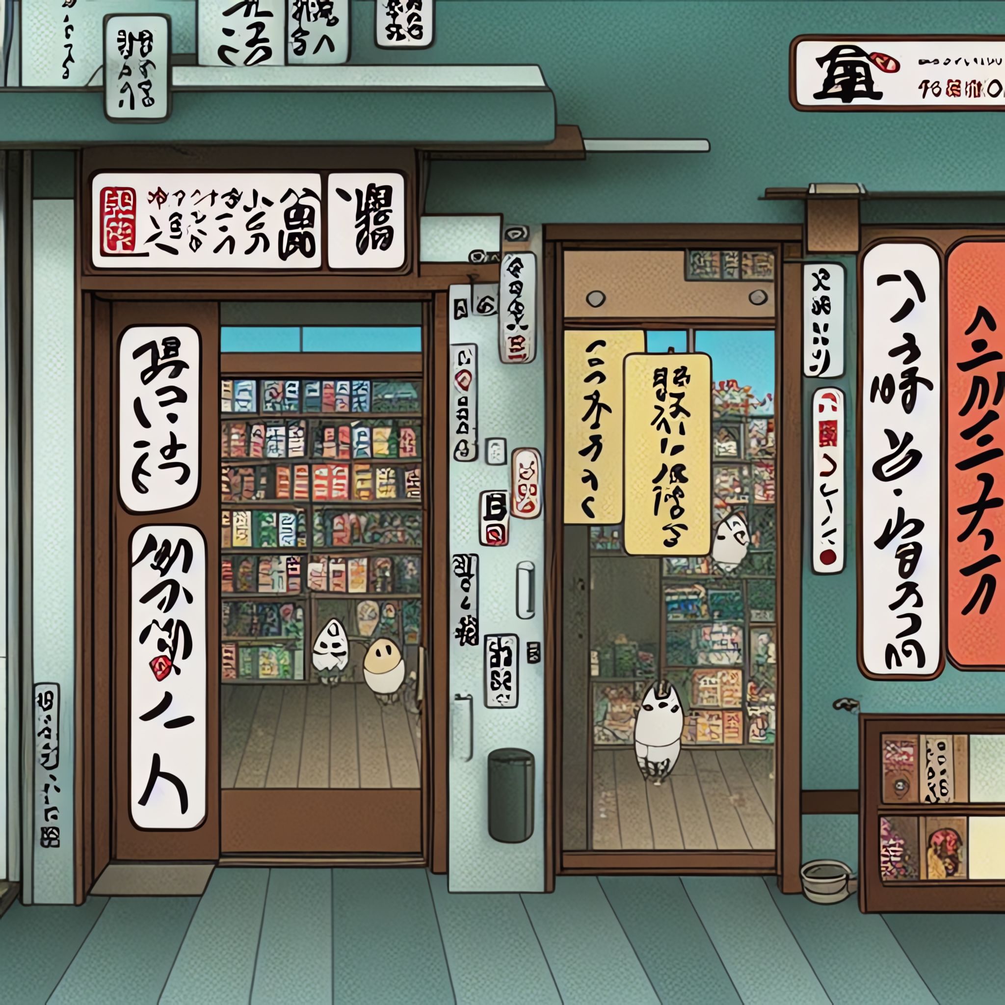 Anime-style illustration of a Japanese convenience store exterior.