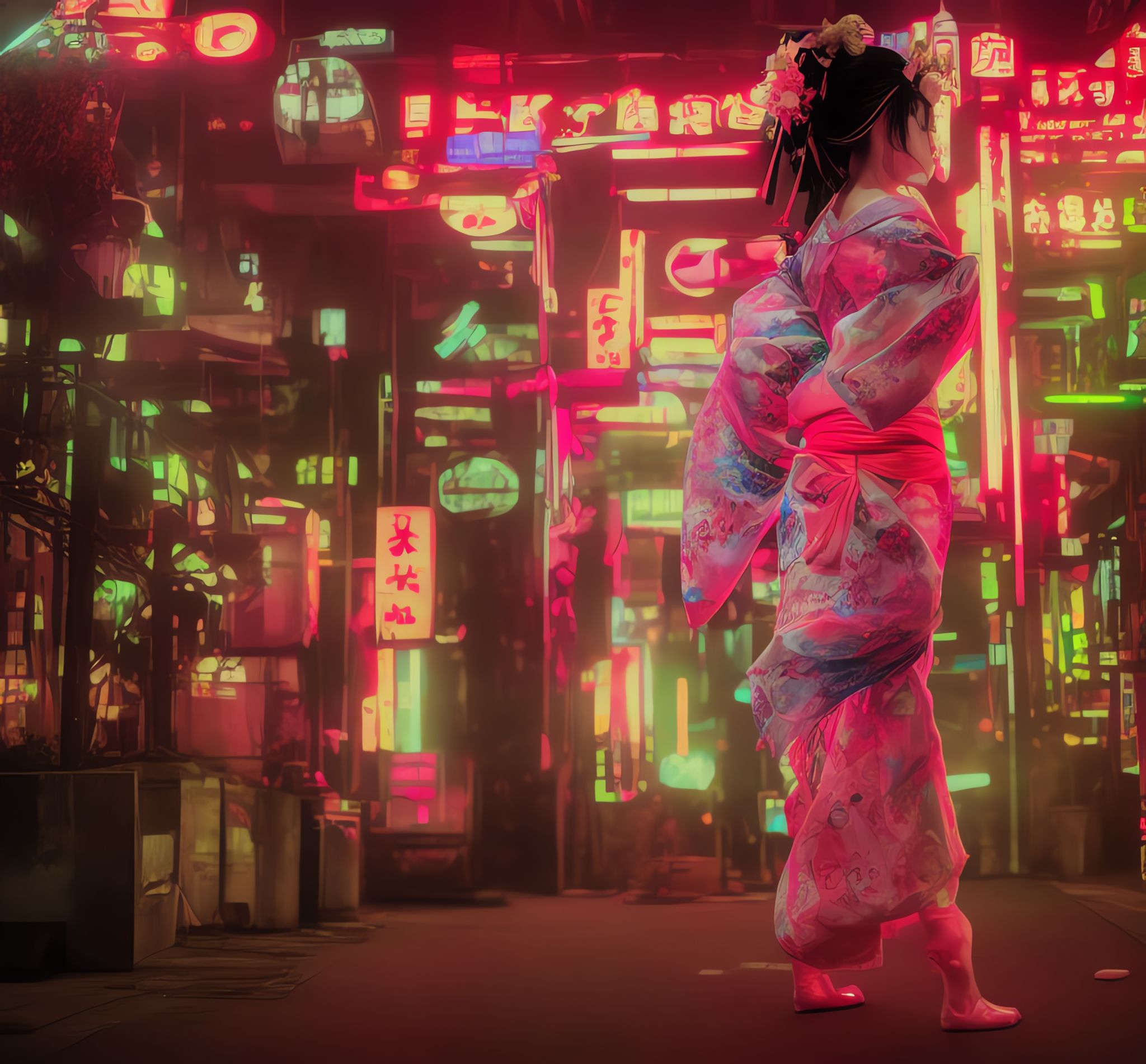 Geisha dancing in a neon-lit dystopian city.