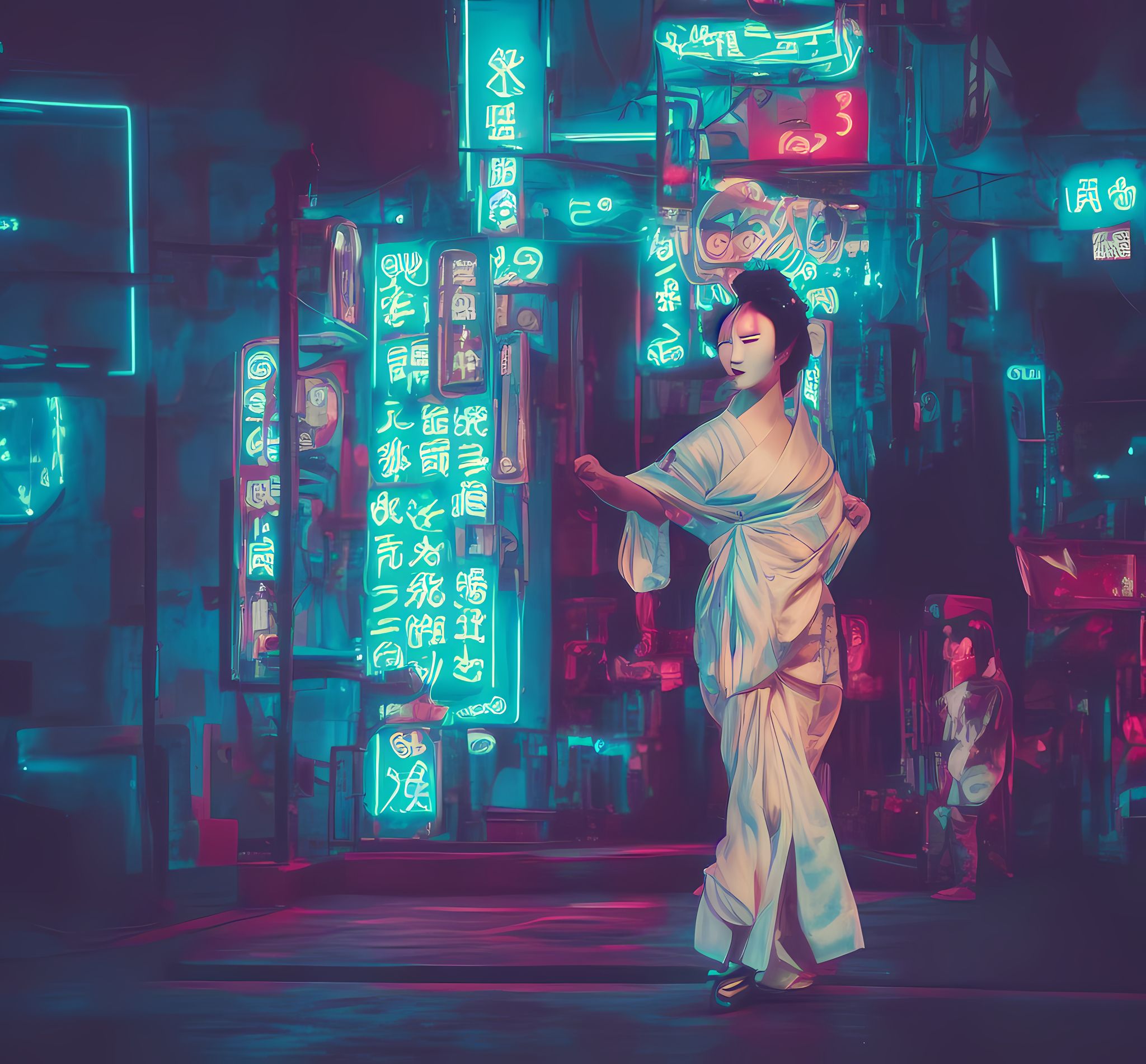 Geisha in white kimono dancing in a neon-lit cyberpunk city.
