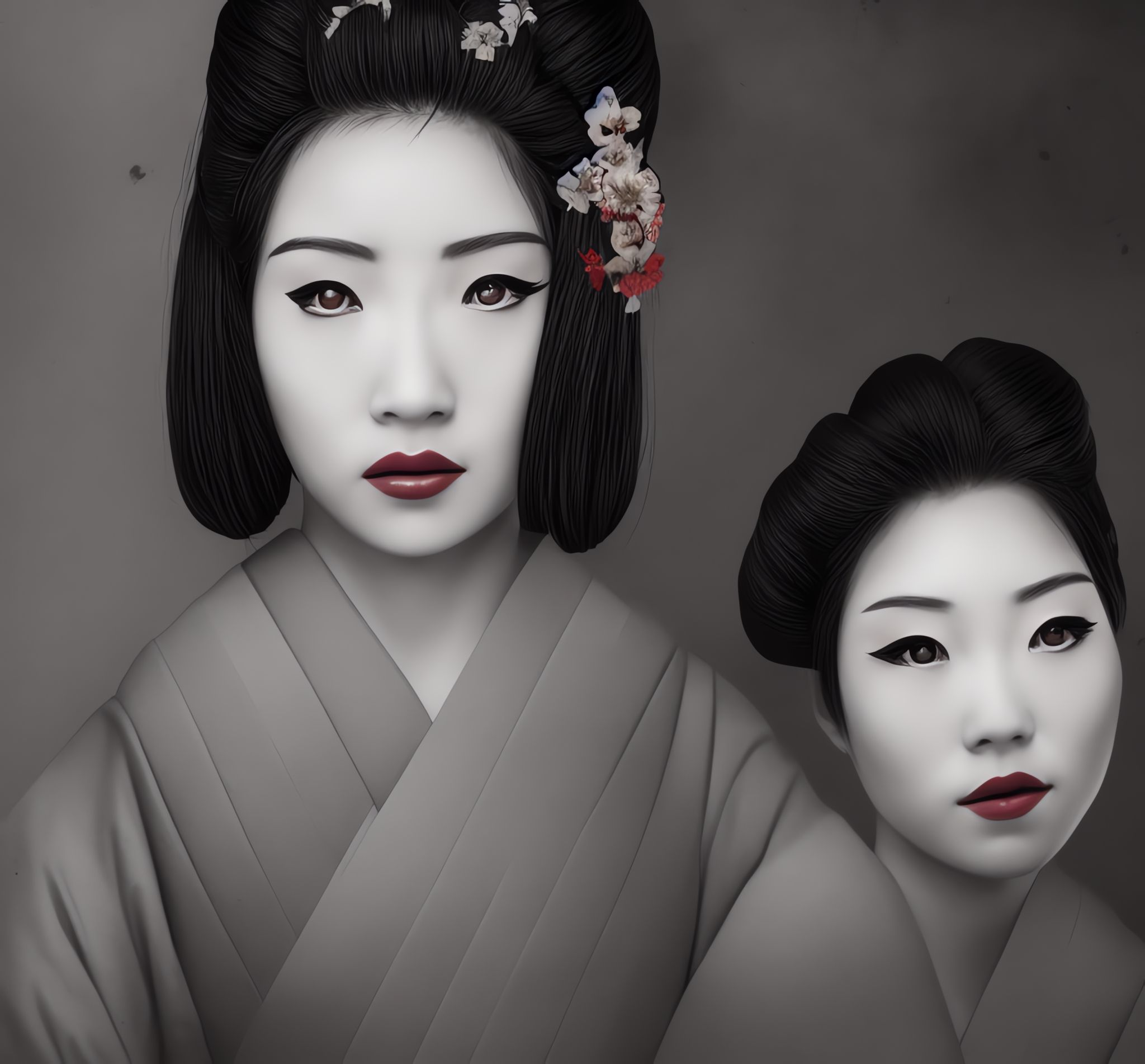 Line art illustration of two geishas in a dystopian setting.