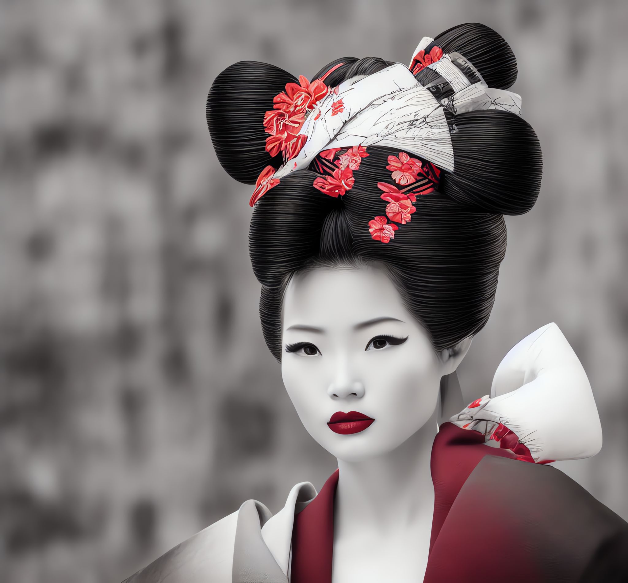 Line art of a geisha in a dystopian future, wearing a red and white kimono.