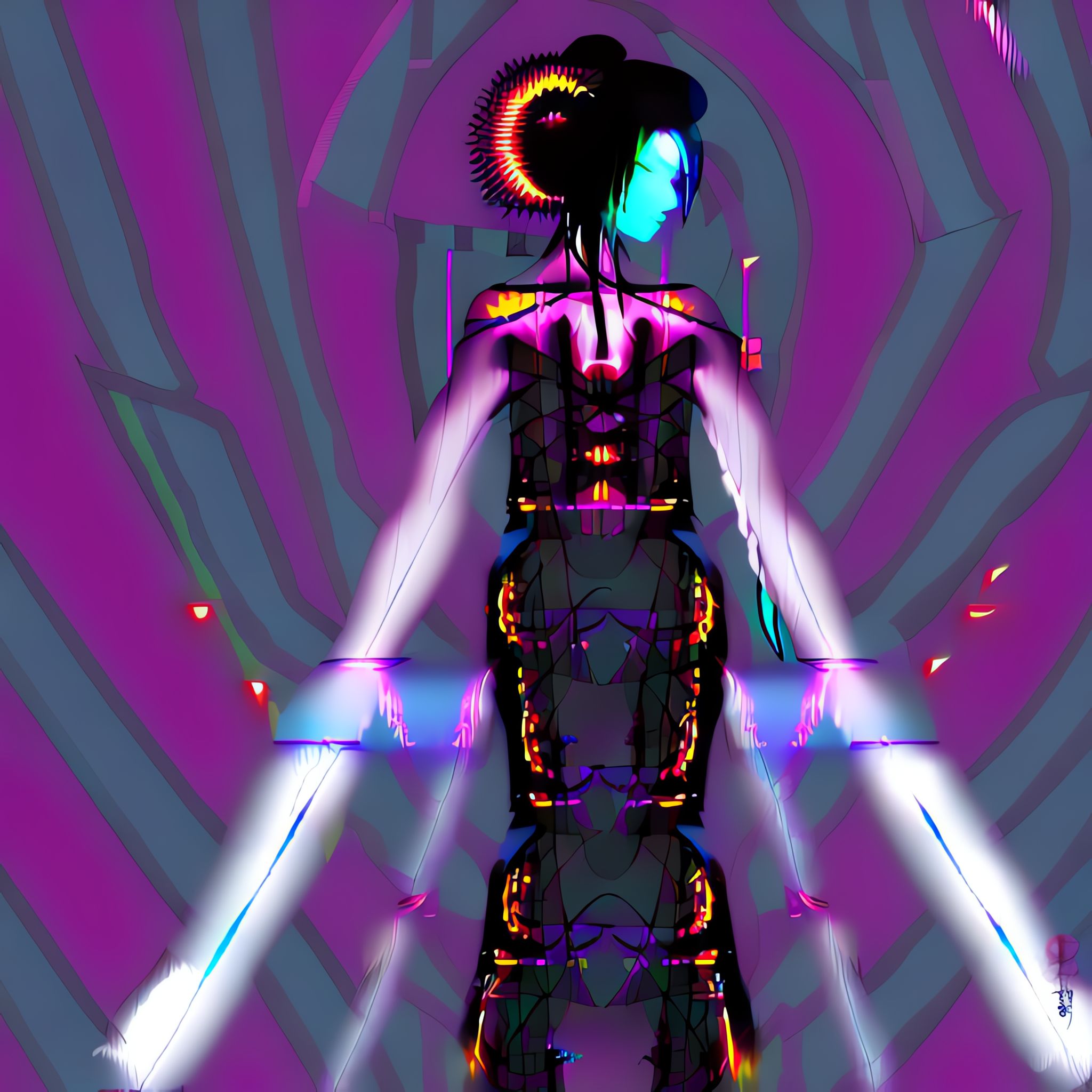 Line art of a geisha in a dystopian future, glowing neon colors.