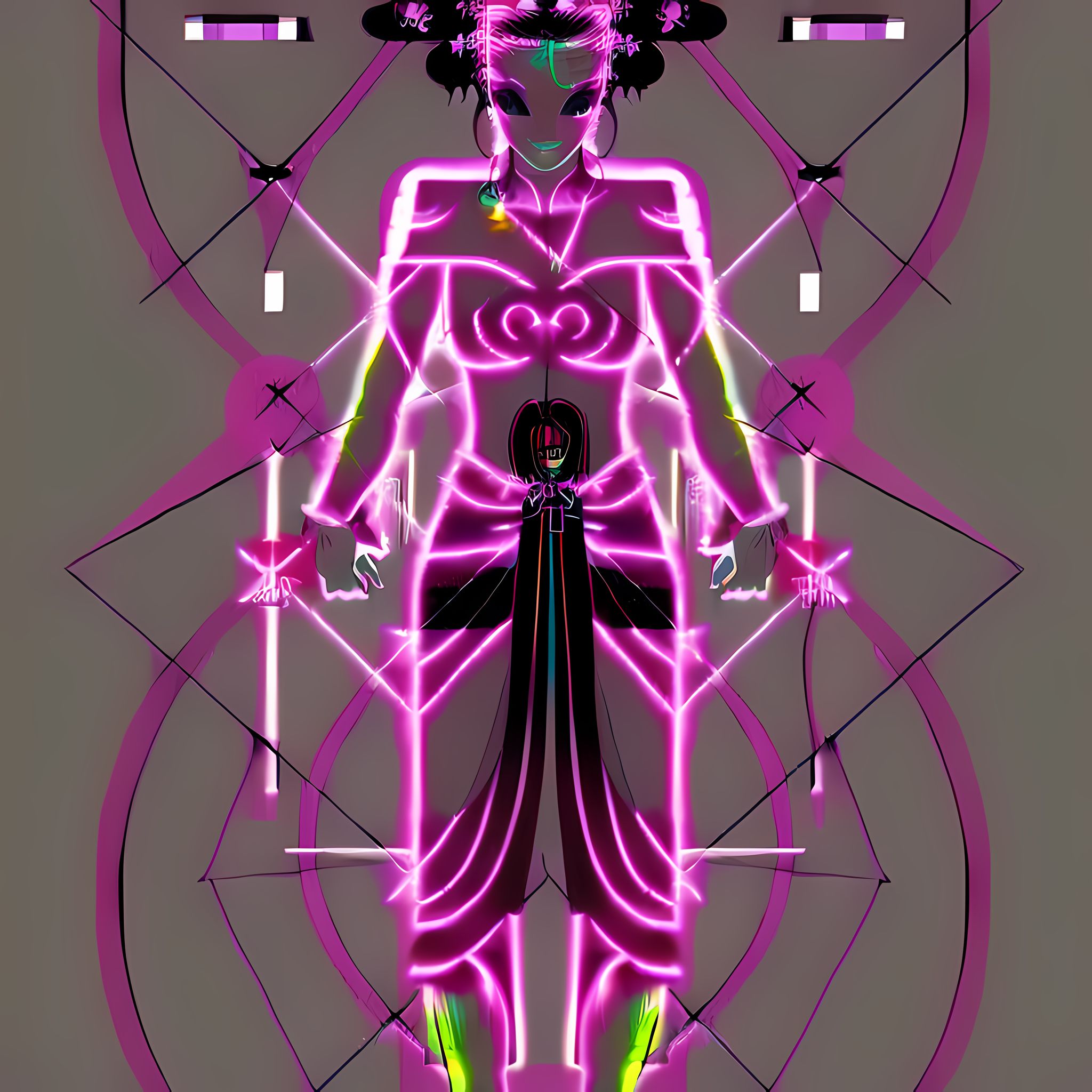 Line art of a geisha in a dystopian future, glowing pink neon, high contrast.