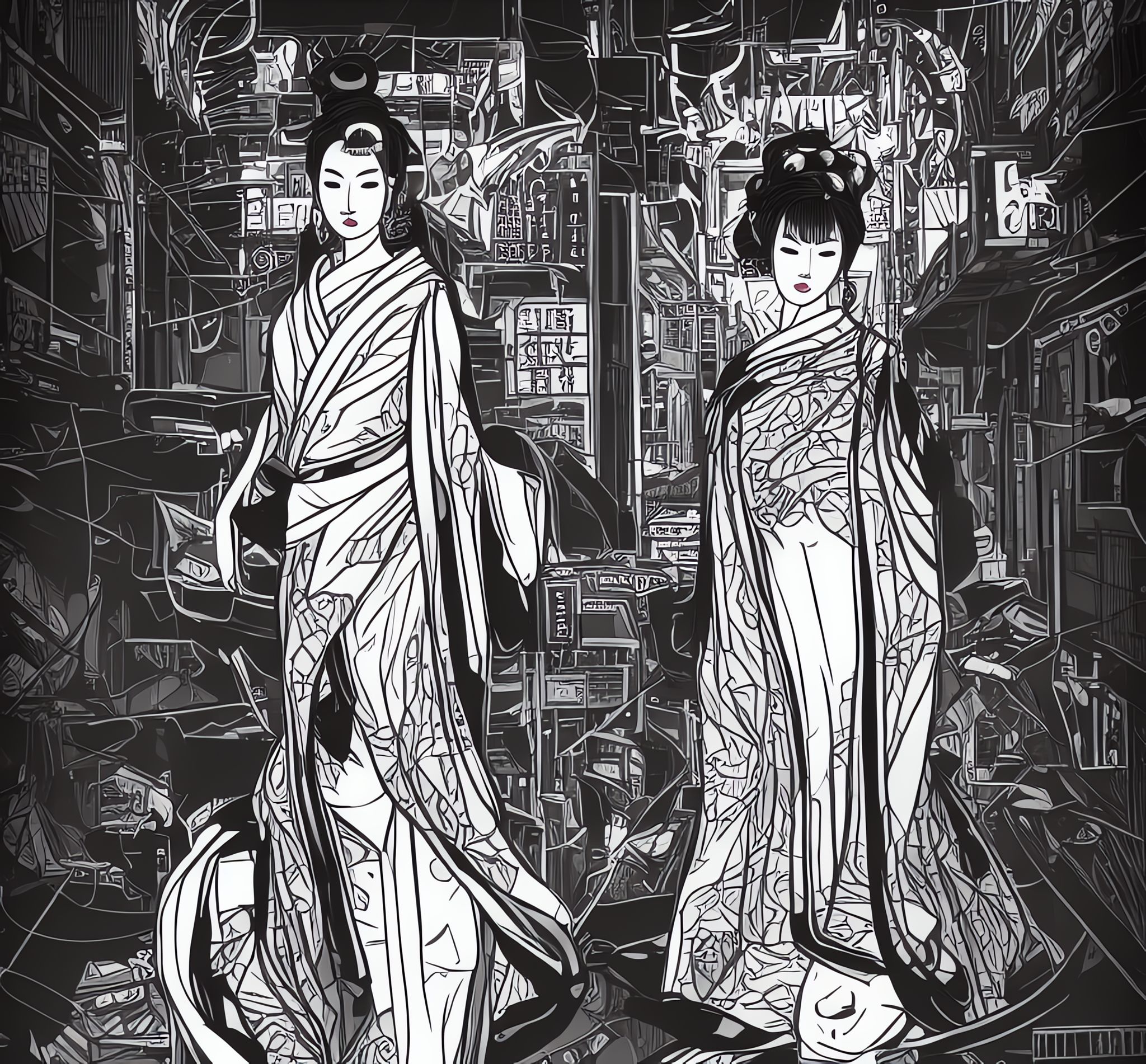 Line art of two geishas in a dystopian cityscape.