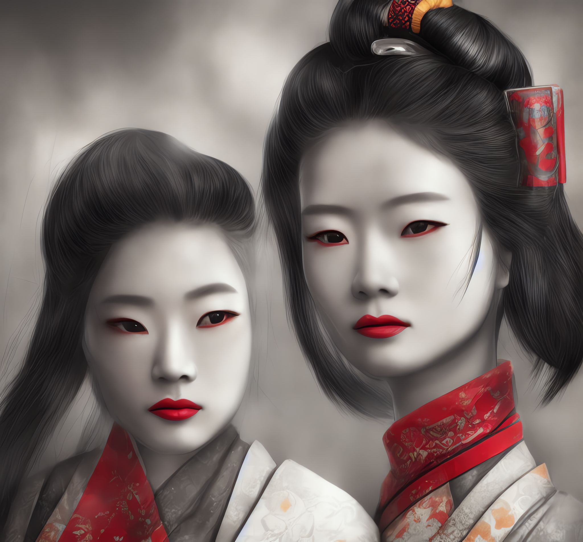 Line art drawing of two geishas in a dystopian future setting.
