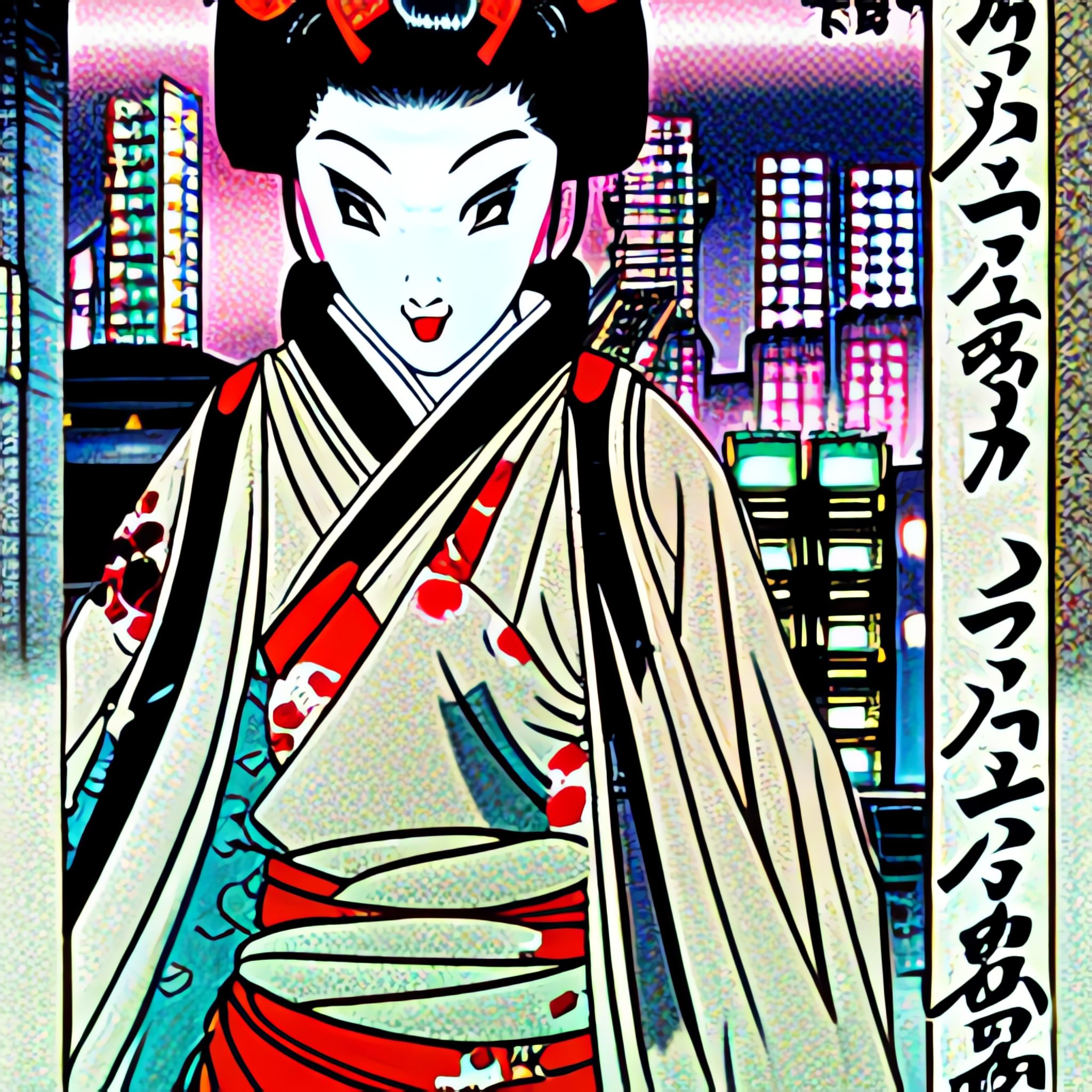 Geisha in Neo-Tokyo cityscape, stylized art.
