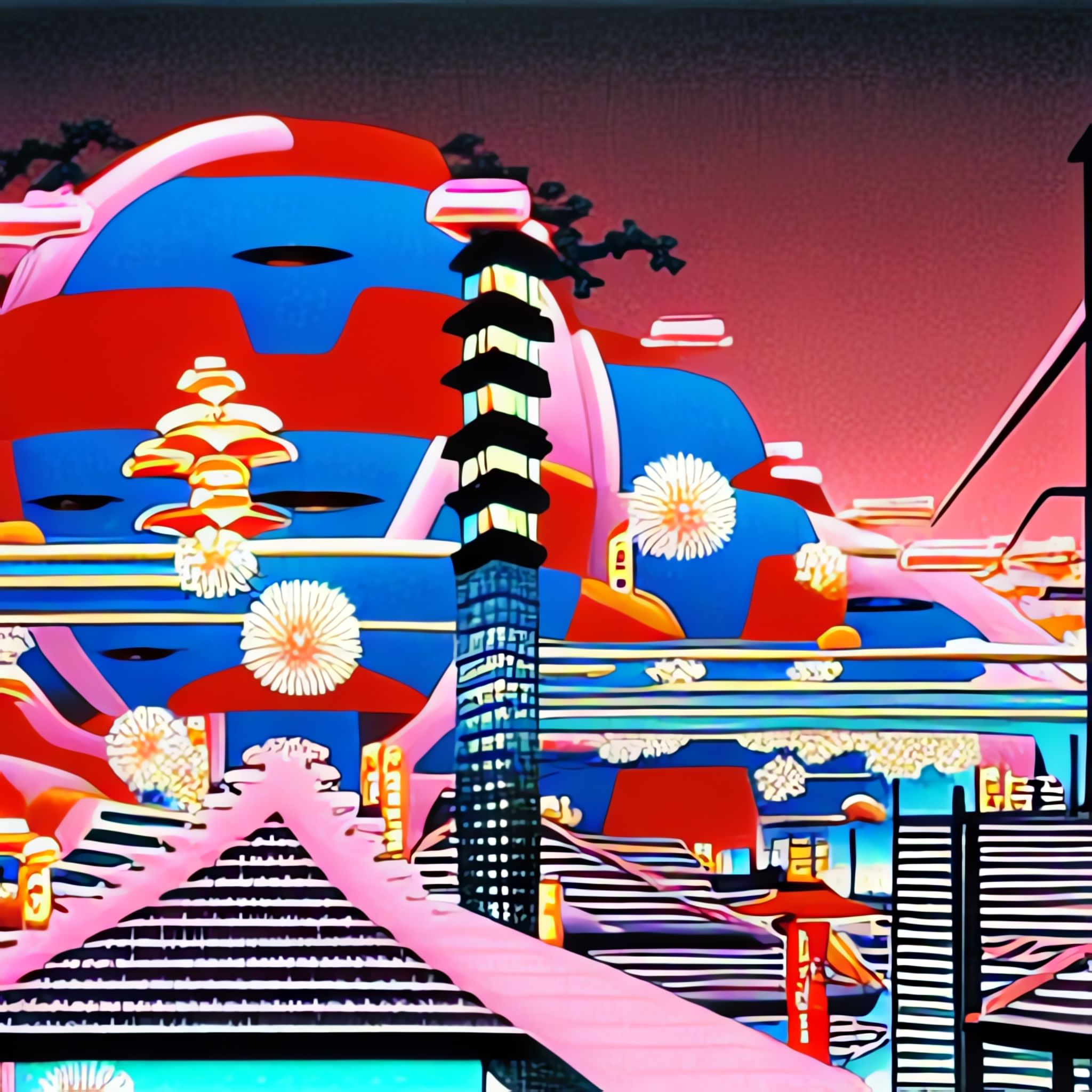 Stylized illustration of a geisha in a vibrant, futuristic Neo-Tokyo setting.