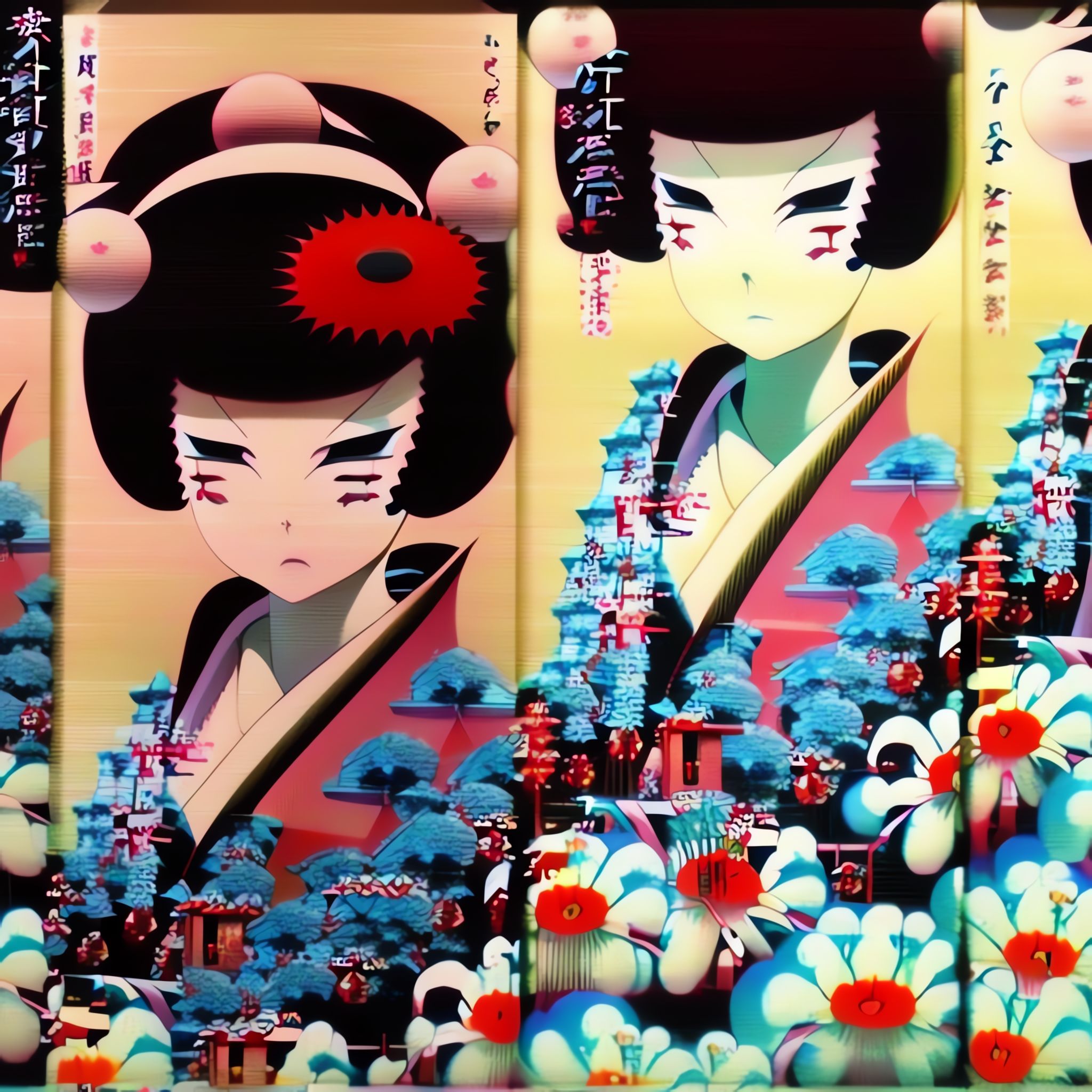 Stylized illustration of two geishas in Neo-Tokyo, surrounded by vibrant floral and architectural details.