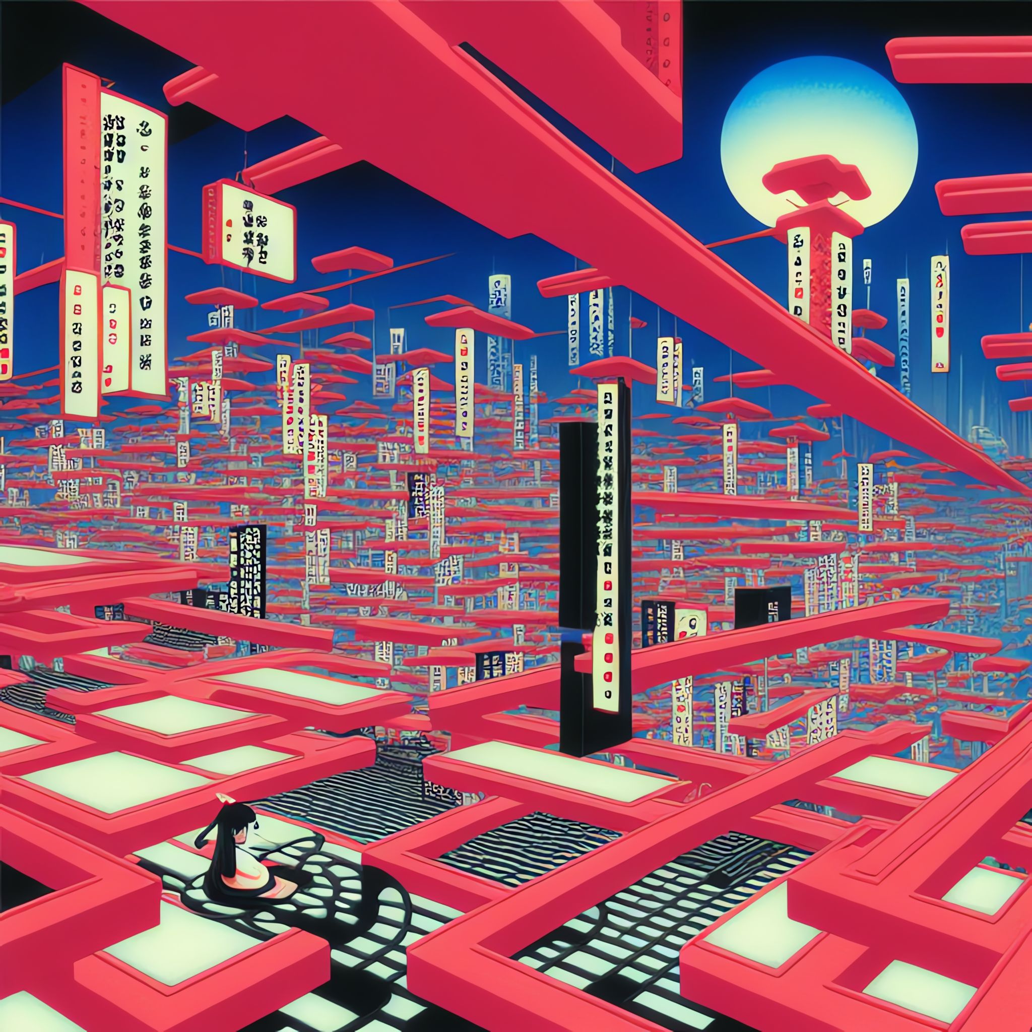 Geisha in a vibrant, futuristic Neo-Tokyo setting with red structures and hanging signs.