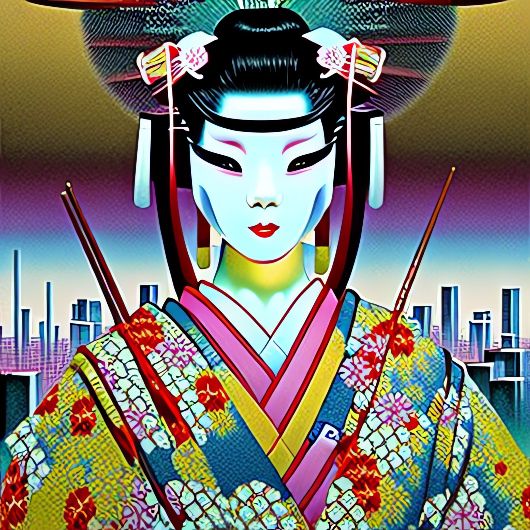 Stylized portrait of a geisha in a vibrant kimono, chopsticks in hand, against a backdrop of a futuristic cityscape.