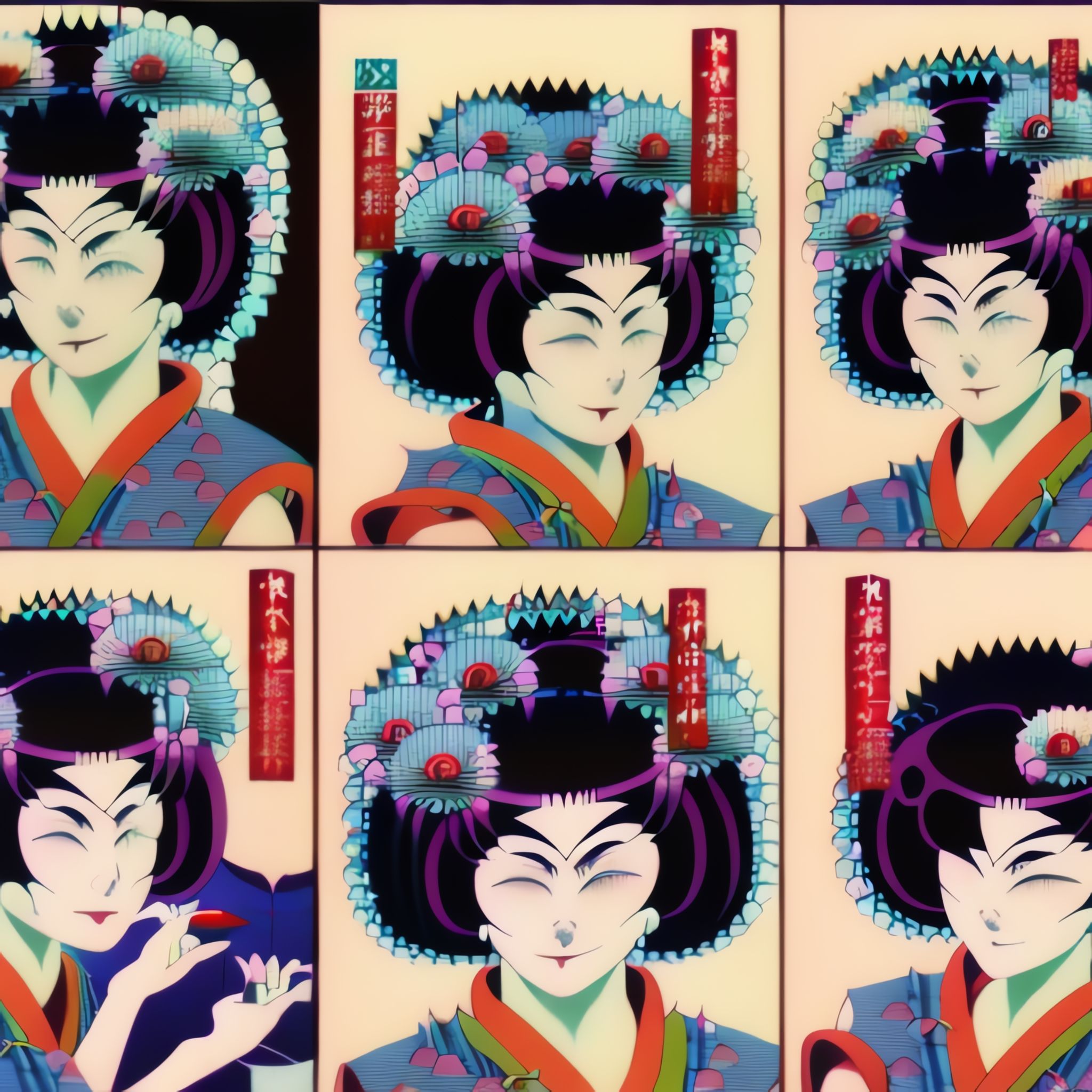 Collage of six stylized geisha portraits.