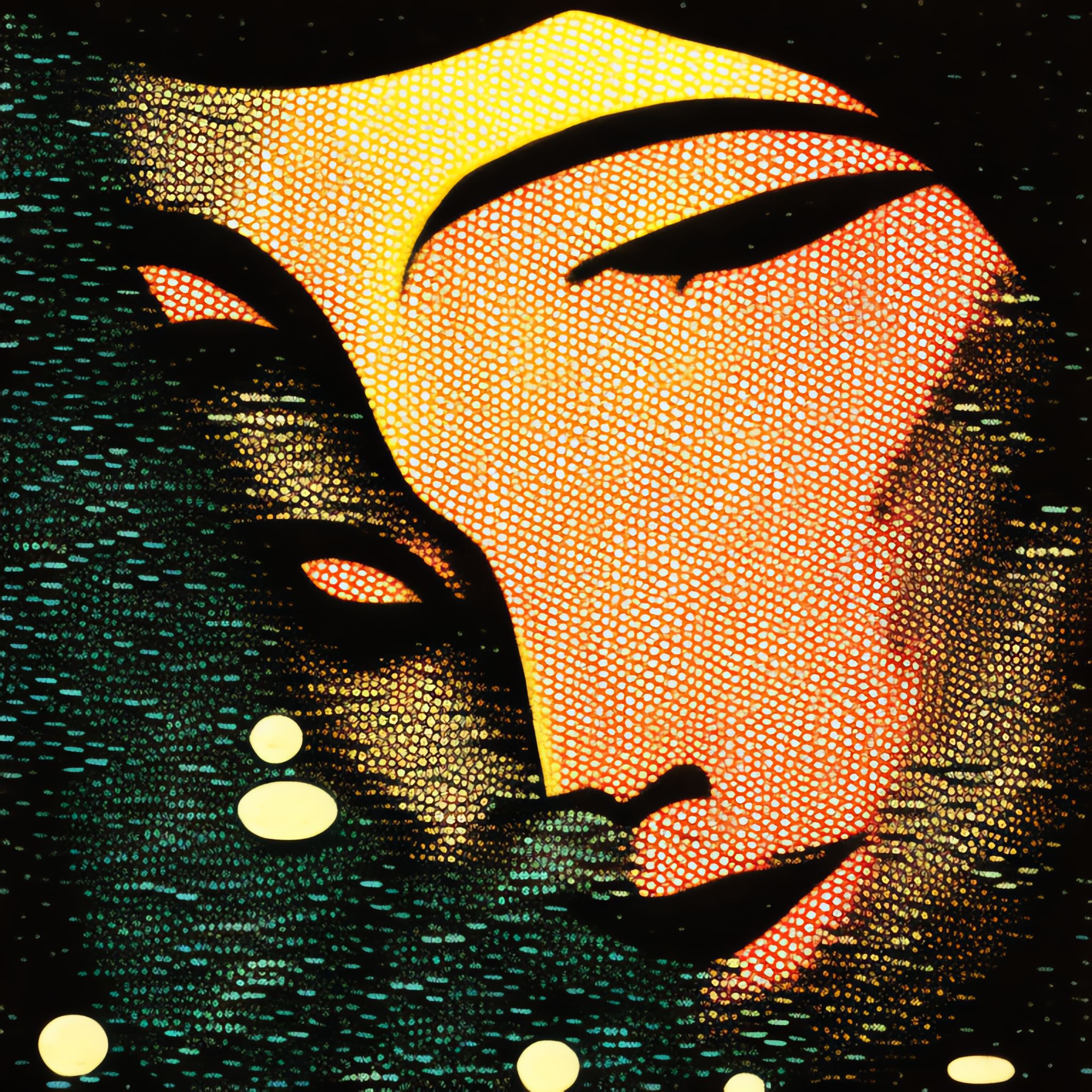 Abstract pointillist portrait of a geisha.