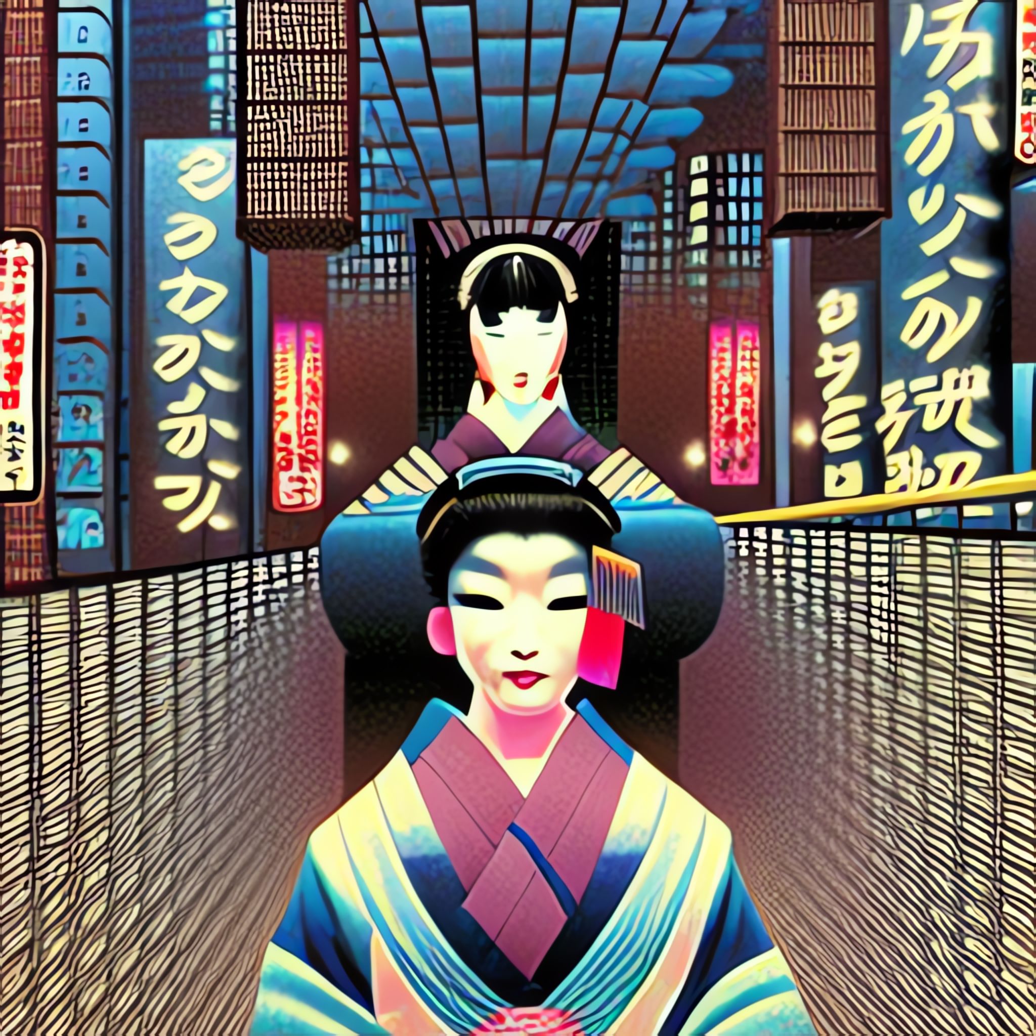 Stylized illustration of two geishas in a neon-lit Neo-Tokyo street.