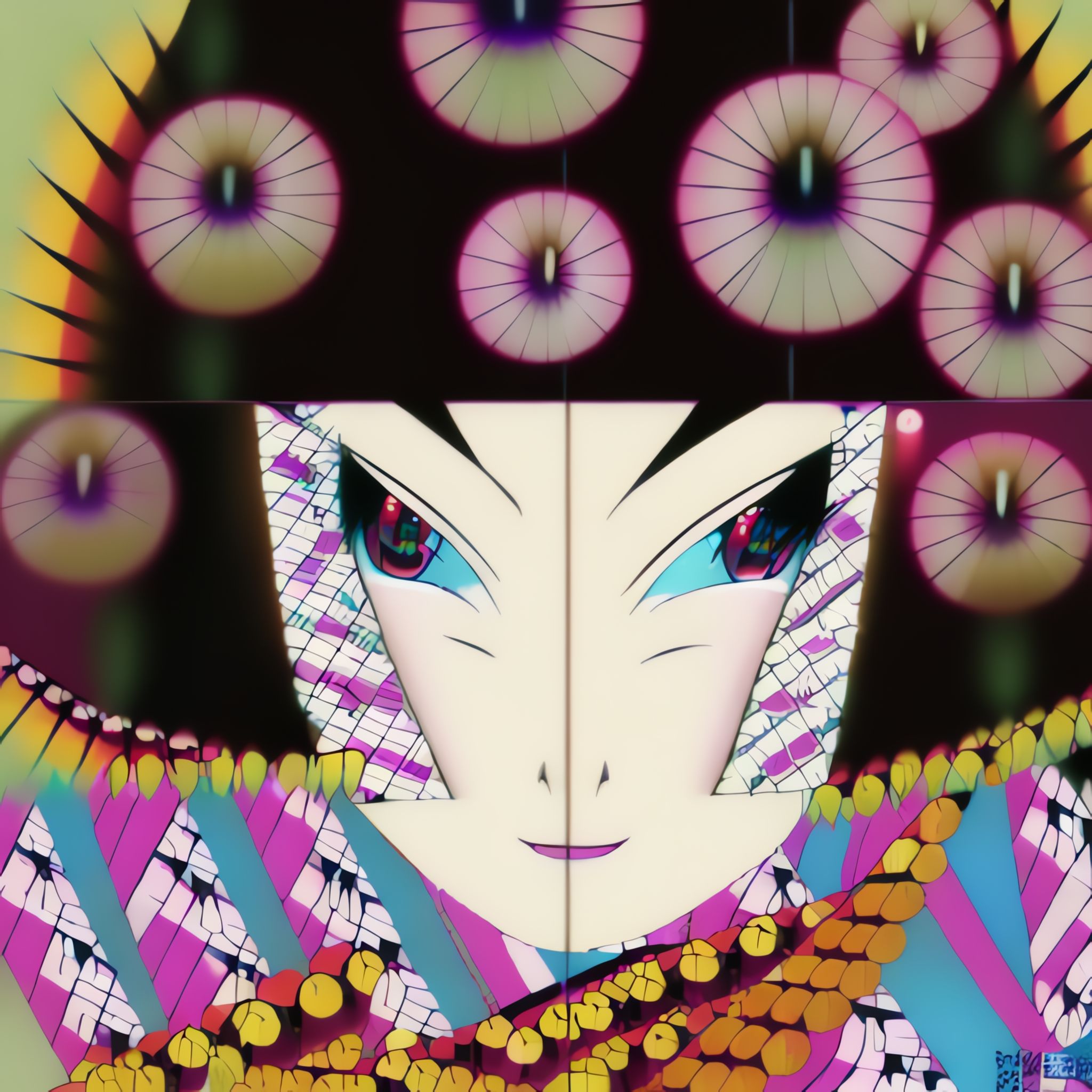 Close-up of a stylized geisha face with vibrant colors and detailed clothing.