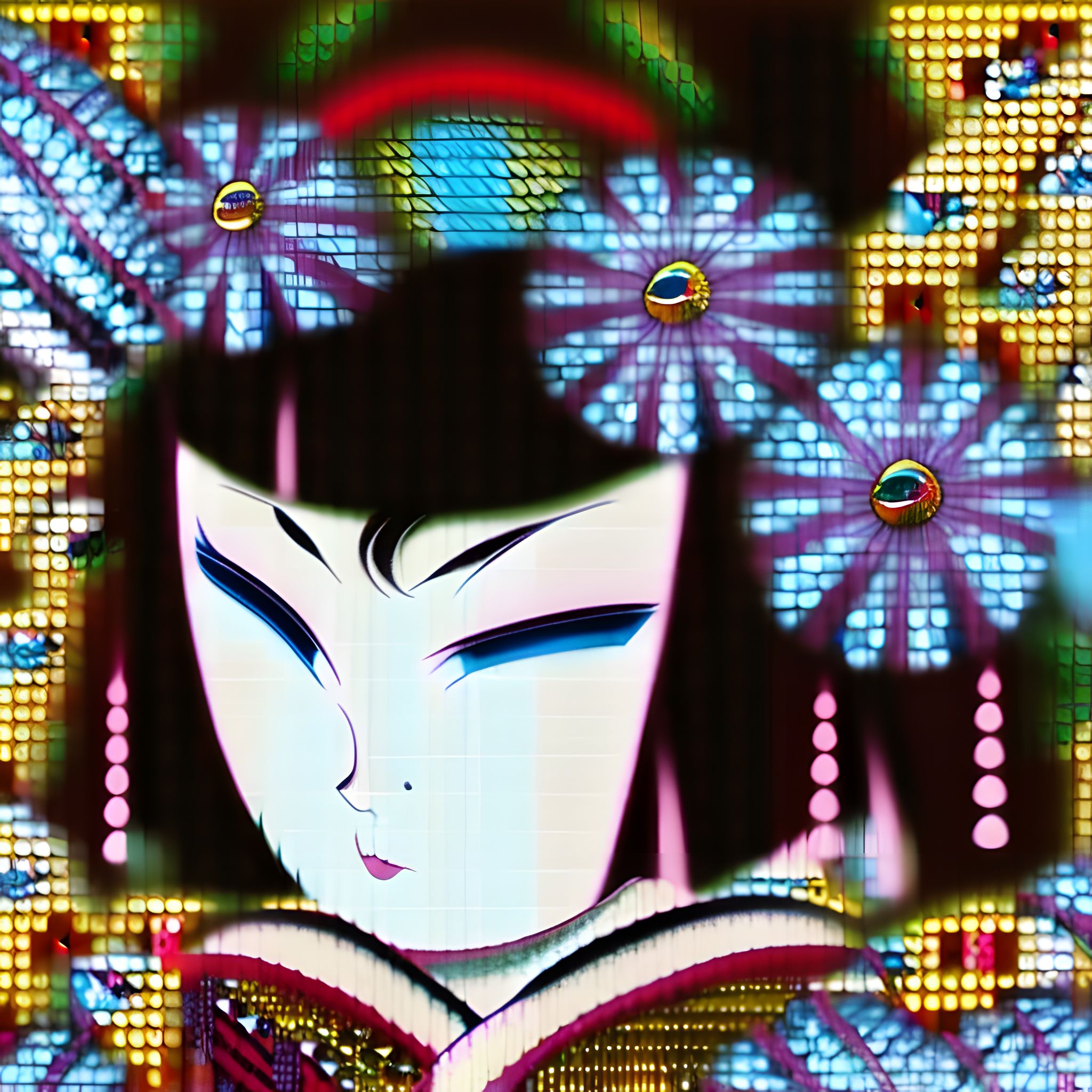 Close-up of a stylized geisha face, surrounded by vibrant, mosaic-like details.