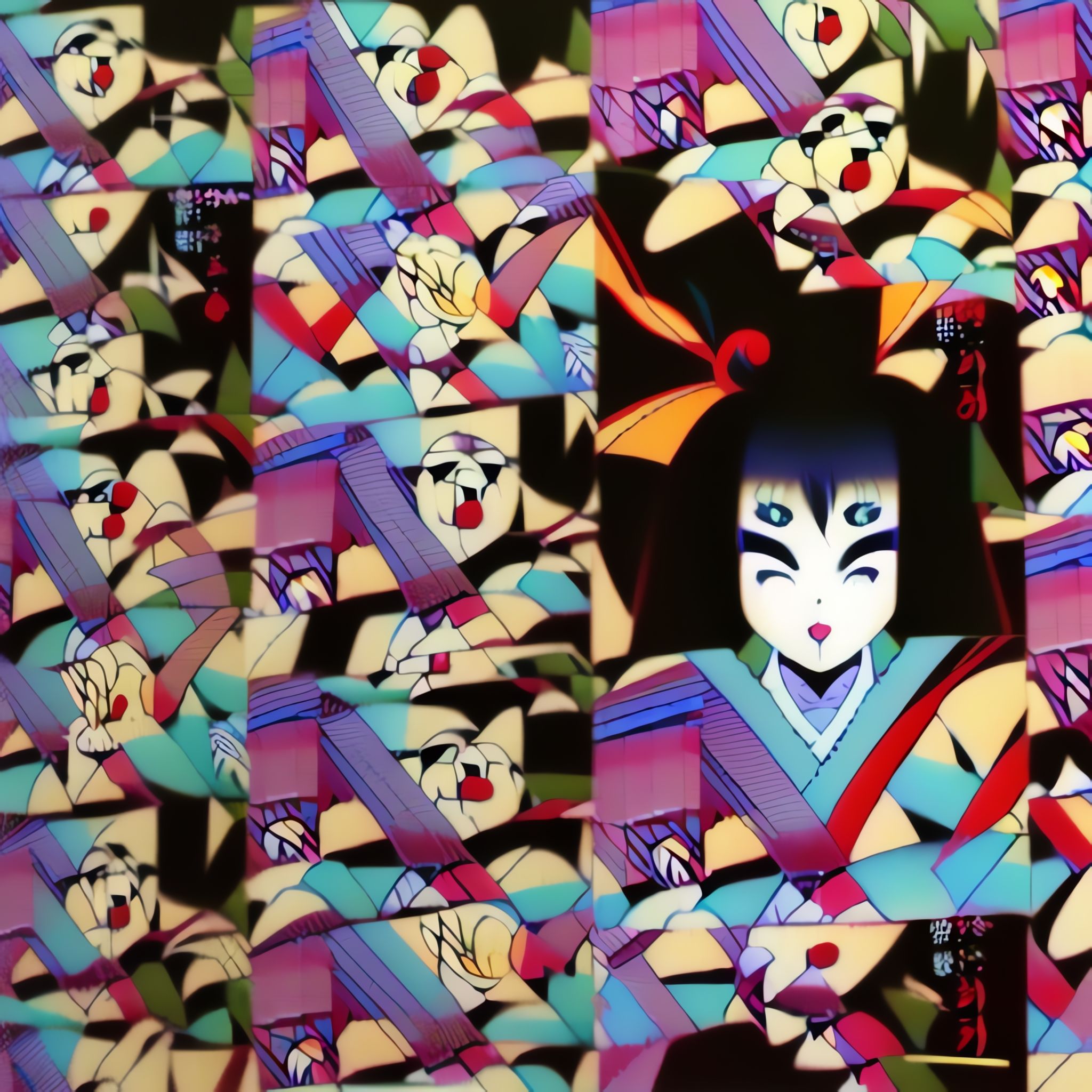 Close-up of a stylized geisha face in a colorful, geometric Neo-Tokyo-inspired design.