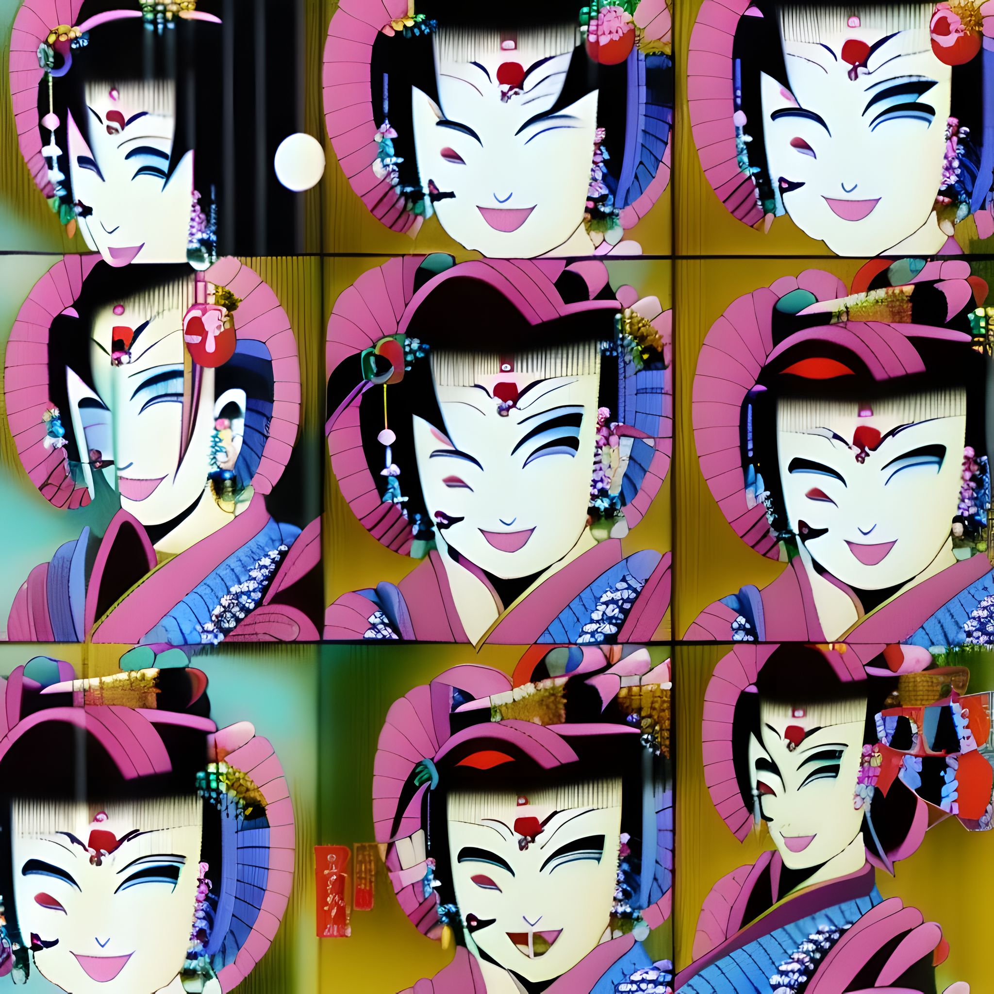 Close-up of a stylized geisha face, repeated in a colorful, grid-like pattern.
