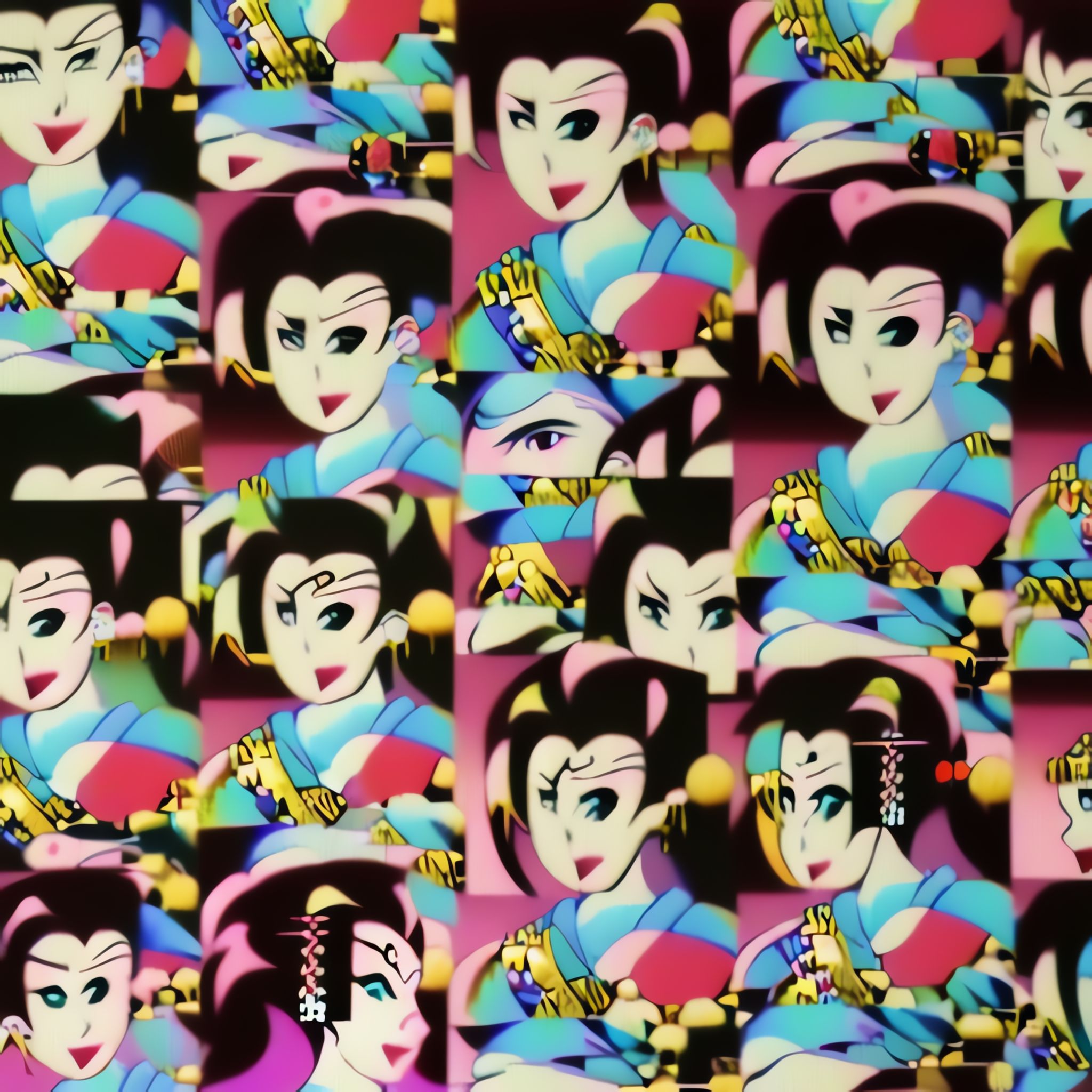 Collage of colorful, stylized geisha faces.