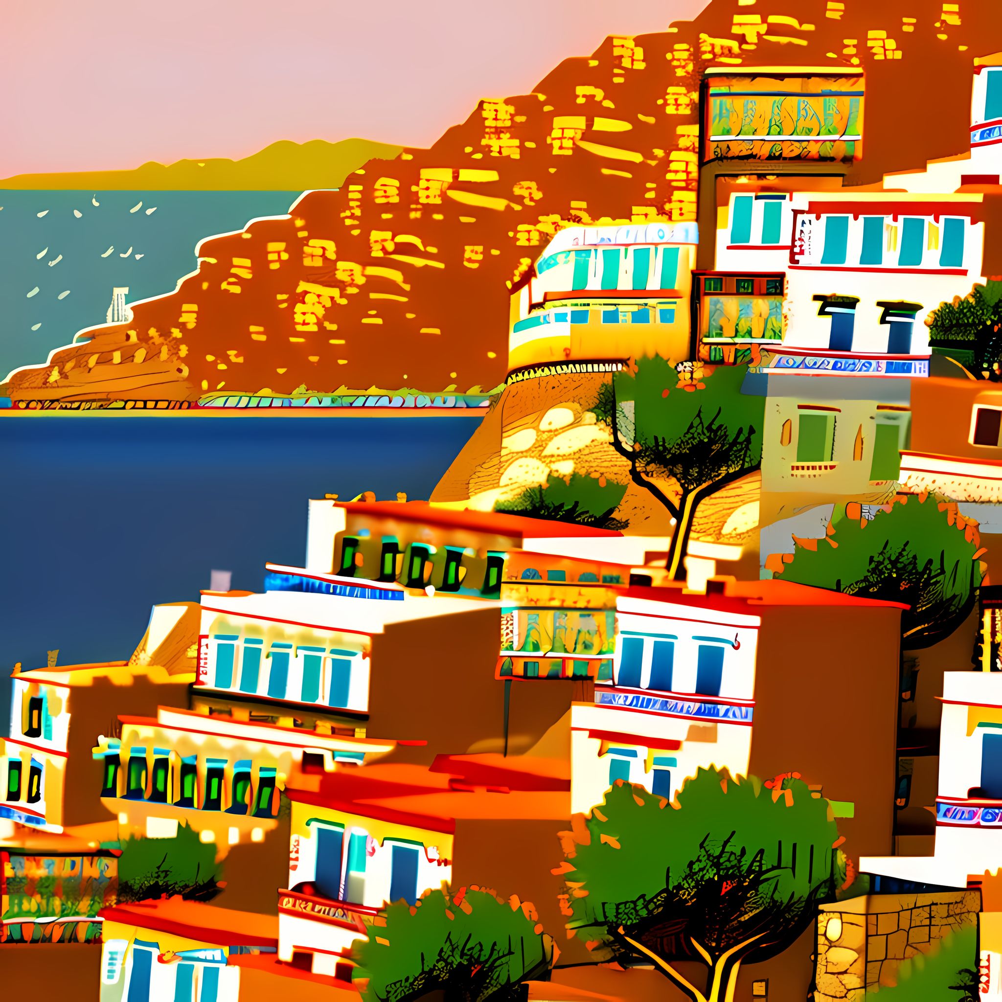 Stylized illustration of a Greek coastal village on a hillside overlooking the ocean.