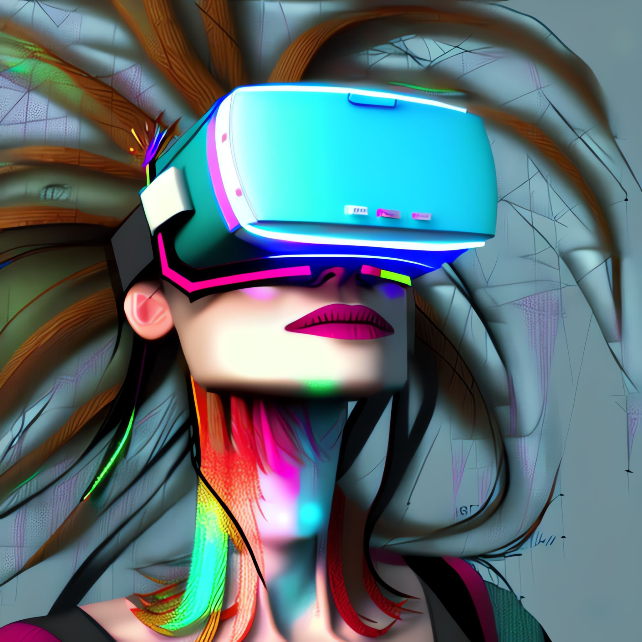 Woman with vibrant hair wearing a teal VR headset.